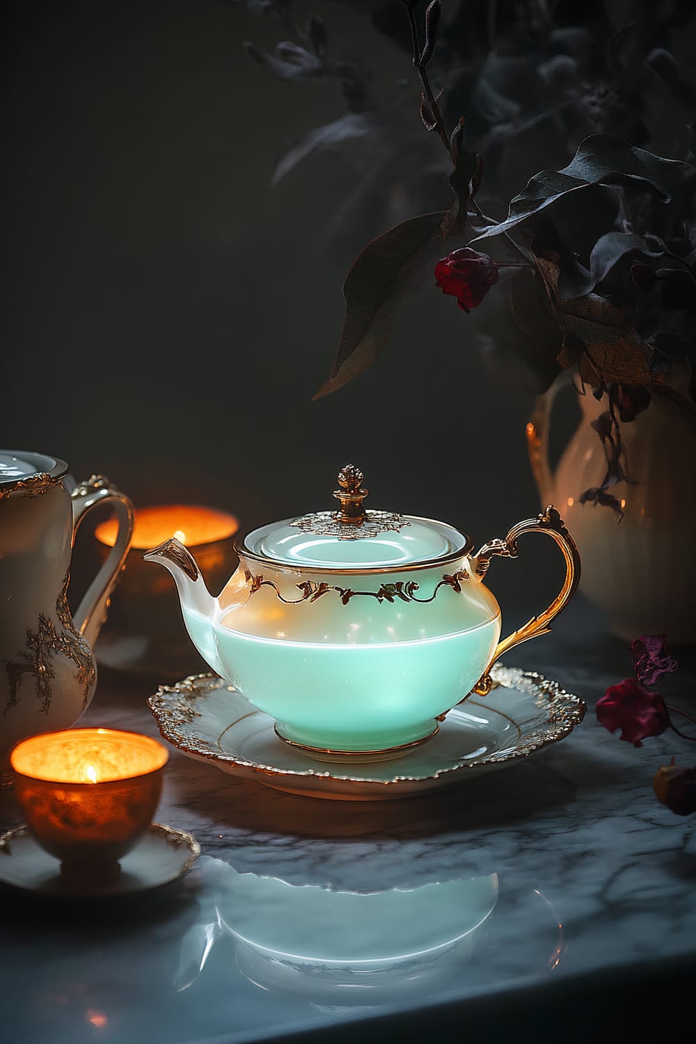 A luxurious porcelain teapot and cup set, filled with glowing luminescent liquid, is arranged on a dark marble surface amidst subtle dark floral accents and antique tea accessories. The eerie glow of the liquid is highlighted by dramatic lighting, creating a posh Halloween ambiance.