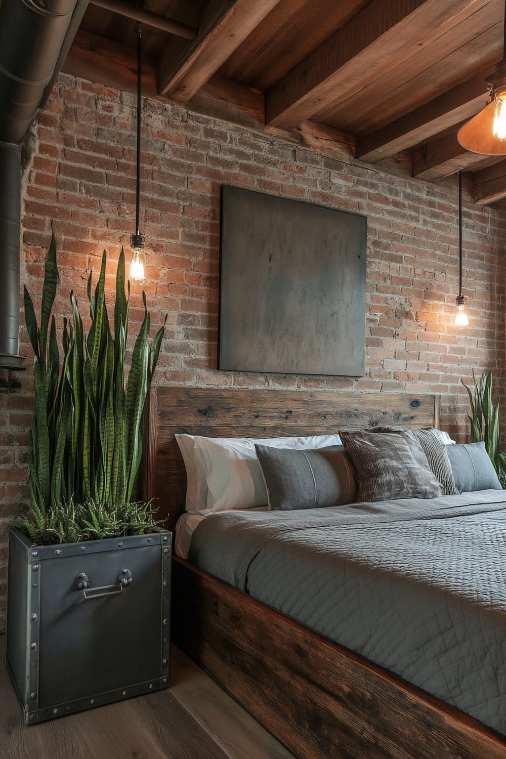 A rustic industrial bedroom with a wooden bed frame that has metal accents. The bed is made with gray and white bedding and multiple throw pillows. Two tall snake plants in distressed metal pots are placed on either side of the bed. The room features exposed brick walls and wooden beams on the ceiling. Warm lighting is provided by hanging Edison bulbs, and a large, metal wall art piece hangs above the bed.