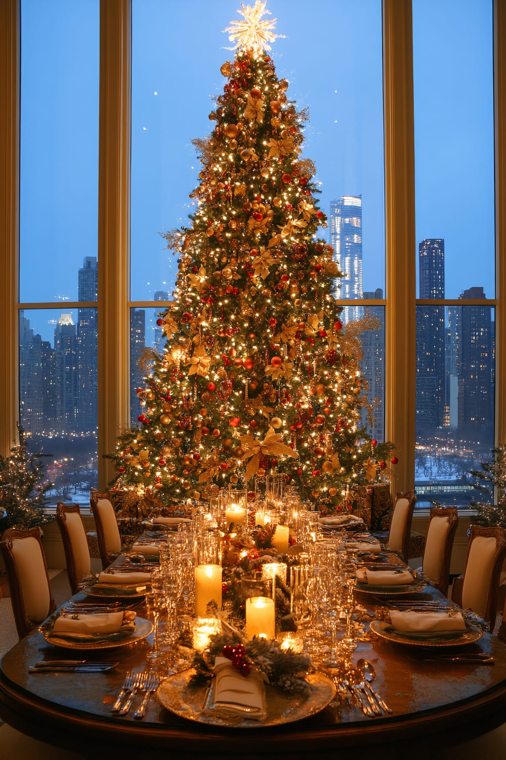 A lavishly decorated room features an opulent Christmas tree adorned with golden bows, red and gold baubles, and twinkling lights, set against a backdrop of tall windows showcasing a nighttime cityscape with high-rise buildings. A long, elegant dining table with ornate chairs is set for a festive feast, decorated with candles, greenery, and intricate tableware, presenting a warm and inviting holiday ambiance.