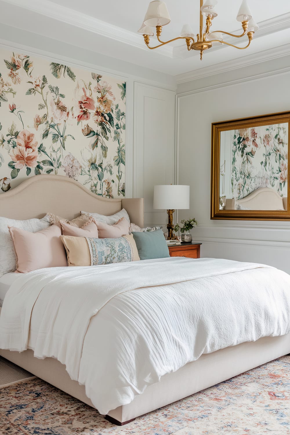 A beautifully decorated bedroom with a light-filled, serene atmosphere. The bed has a soft beige upholstered headboard, adorned with an assortment of pastel and floral pillows. A white duvet covers the bed, adding a crisp, fresh feel. Behind the headboard, a feature wall showcases a delicate floral wallpaper in shades of pink, green, and beige. A large, rectangular, gold-framed mirror hangs on the right wall, reflecting the floral wallpaper and adding depth to the space. An elegant bedside table with a brass lamp and a small green plant completes the sophisticated look. The room is illuminated by a classic chandelier with white shades.