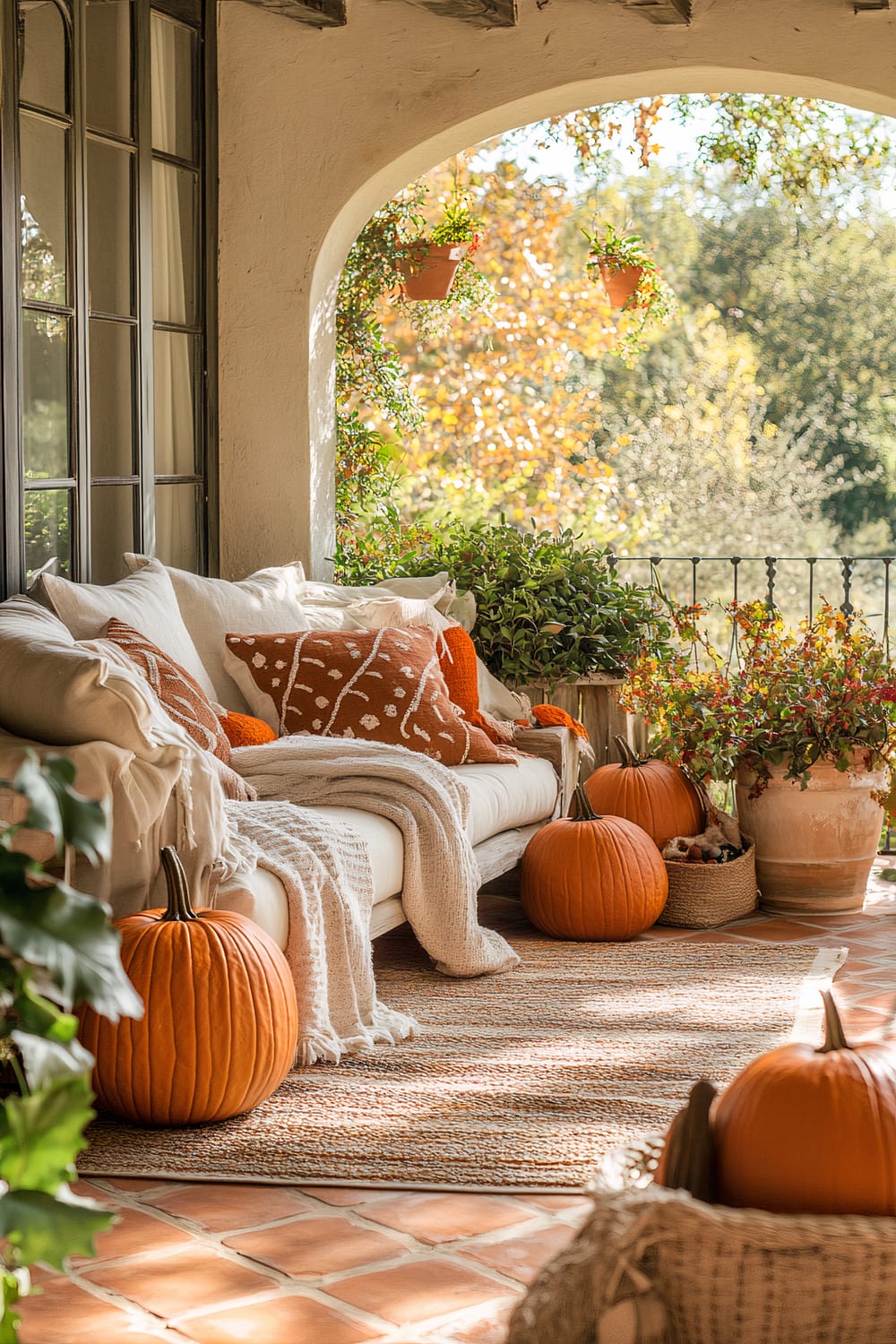 A cozy outdoor patio space with a white cushioned bench adorned with various orange and patterned throw pillows, along with a cream knitted throw blanket. The area features terracotta tiles, multiple pumpkins, hanging potted plants, and other green plants in large pots. Soft natural light floods the space, highlighting the autumnal ambiance.