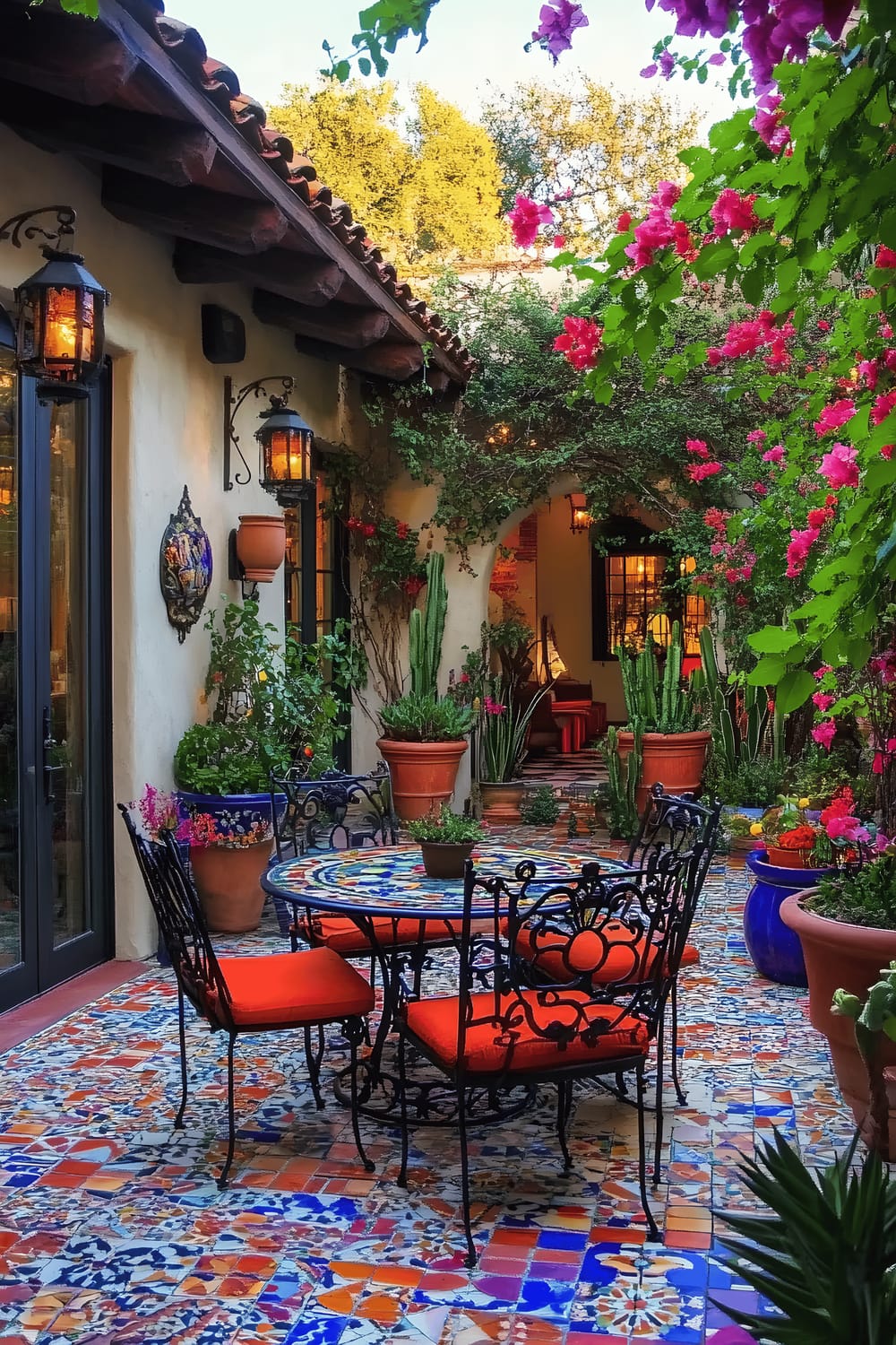 A vibrant outdoor patio had been designed with Spanish hacienda influences, featuring a mosaic-tiled floor and a wrought iron dining set with cushions in vibrant red and orange hues. Large terracotta pots filled with flowering bougainvillea and assorted cacti bring additional color to the scene. Ceramic lanterns in various colors hang from the pergola overhead, their light adding to the warm and inviting ambiance as the sun begins to set.