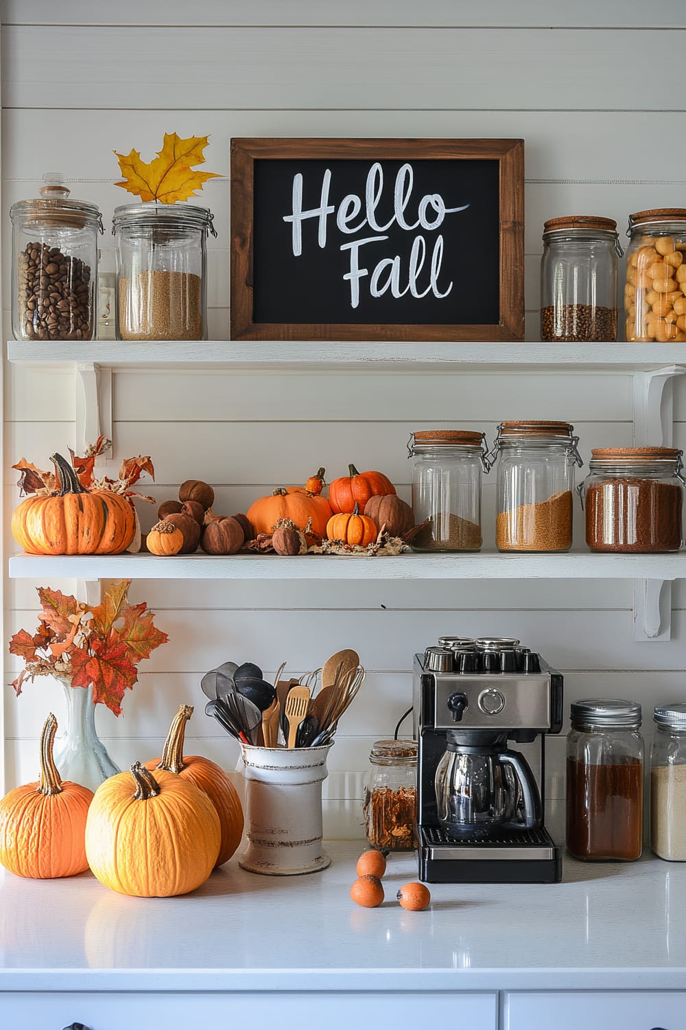 A kitchen counter decorated for fall with various items including pumpkins, jars with food ingredients, and a coffee machine. A chalkboard sign with "Hello Fall" written on it is displayed on an upper shelf, surrounded by glass jars. Several pumpkins and autumn leaves are placed on shelves and the countertop.