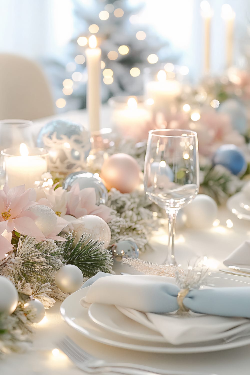 An elegant Christmas dinner table setting featuring white porcelain plates, clear glassware, and pastel-colored napkins in soft pink and blue shades. The centerpiece consists of white candles, pastel flowers, and delicate white ornaments placed on a bed of frosted greenery. Warm ambient lighting enhances the serene holiday atmosphere.