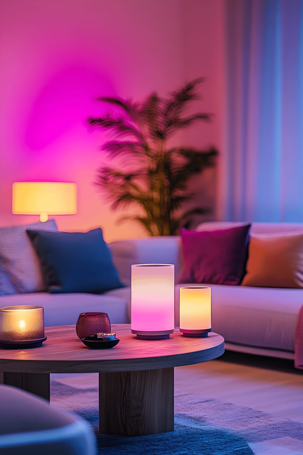 A modern living room bathed in soft pink and purple lights. The lights shine from large floor lamps with color filters. The room is furnished with comfortable seating, adorned with colorful throw pillows. A wooden coffee table stands in the center with decorative candles on it.