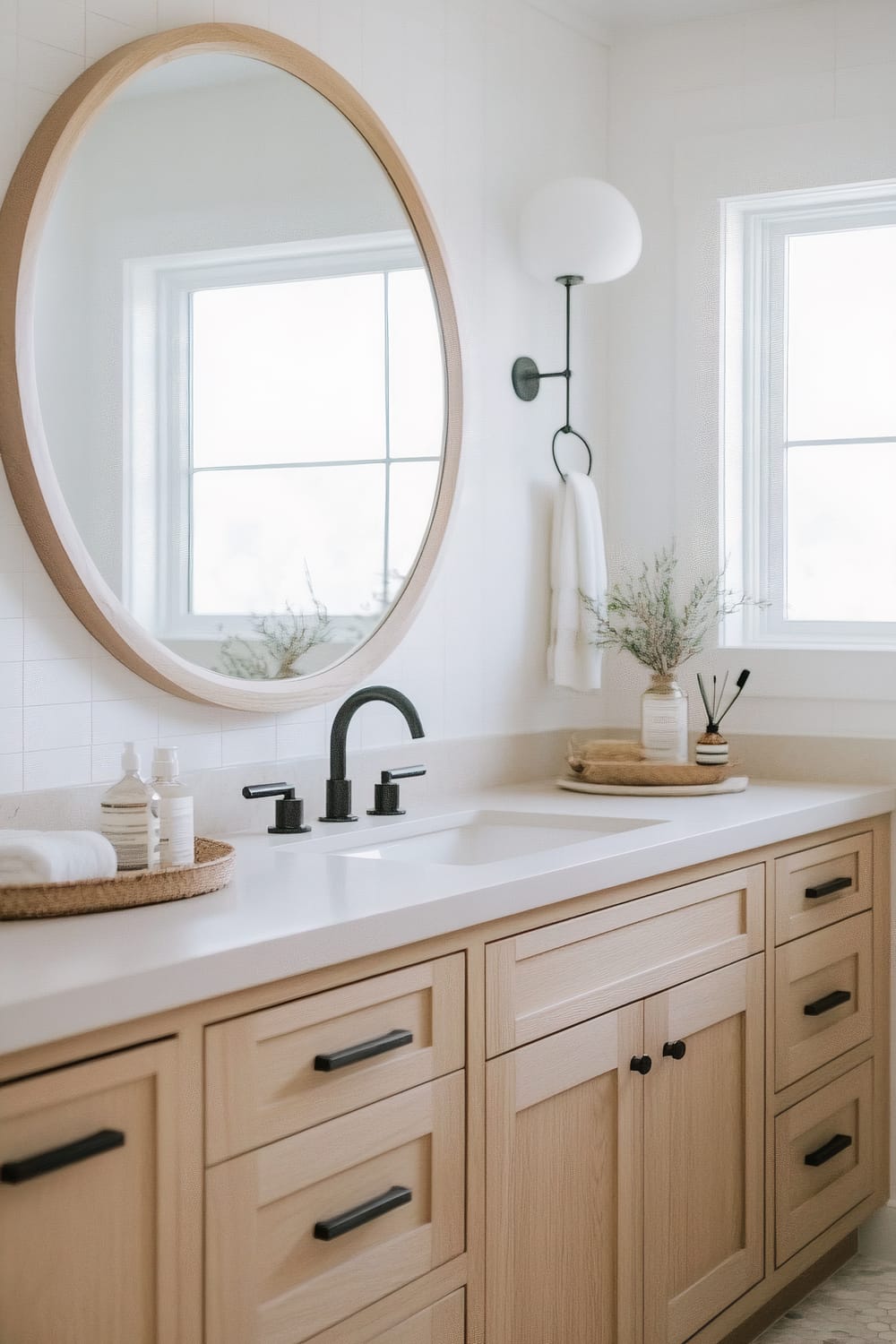 A modern bathroom vanity area features light wooden cabinetry with black hardware and a sleek, white countertop. A large, round mirror with a light wood frame hangs above the vanity, reflecting the natural light coming through two windows. On the countertop are various minimalistic accessories including a soap dispenser, towel tray, and a vase with greenery. A contemporary wall sconce with a globe-shaped light is mounted near the mirror, providing additional illumination.