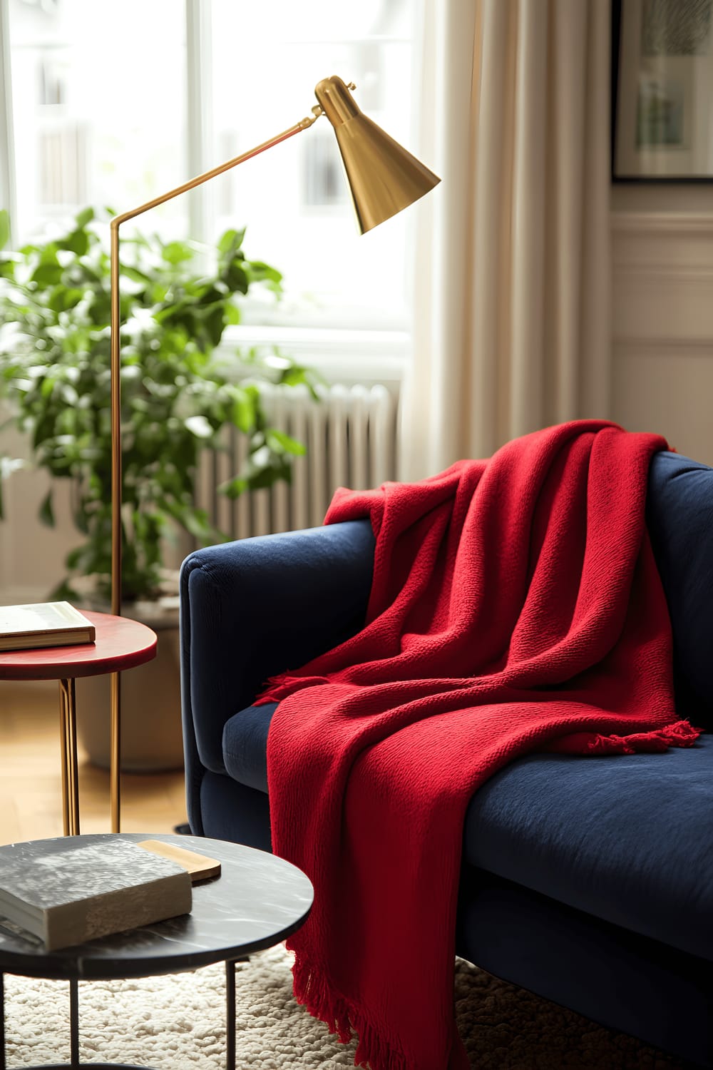 A comfortable living room featuring a cobalt blue metal-framed sofa with a plush scarlet wool throw tucked over one side. A matte black marble coffee table takes centre stage, flanked by oxblood red vintage wood side tables. Two gold leafed brass floor lamps illuminate the space, casting a warm glow across the room. An emerald green indoor plant adds a touch of nature to the scene.