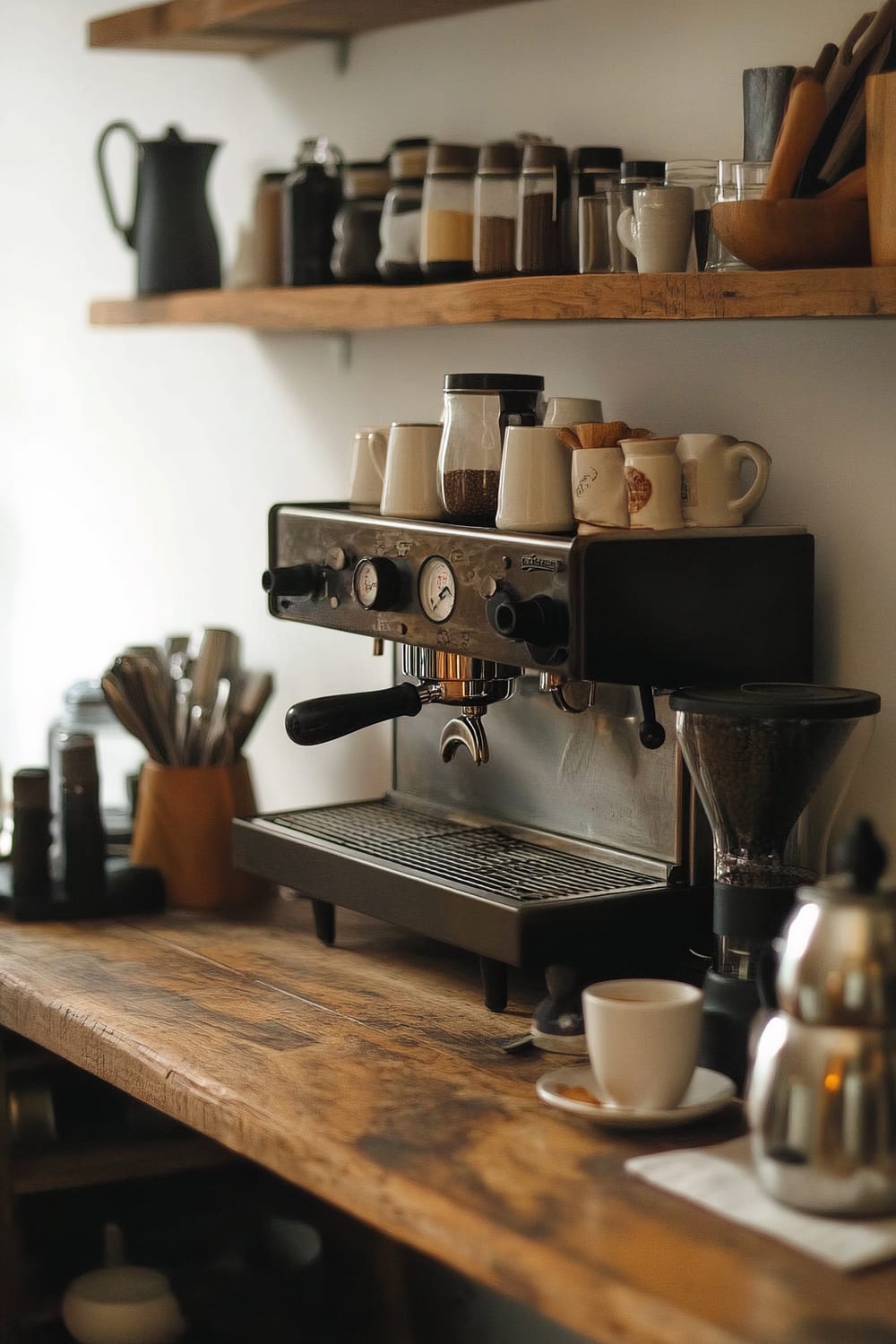 A rustic wooden countertop with a professional espresso machine adorned with small cups and jars. The wall above the countertop has wooden shelves holding various jars and containers, including coffee beans and other kitchen essentials. There is a cup of coffee placed on the counter along with a metal kettle. Utensils and small containers are organized on the countertop alongside the espresso machine.