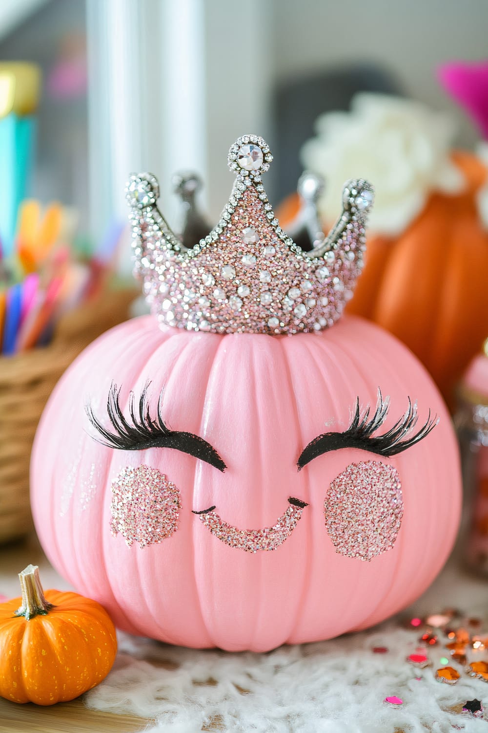 A pink pumpkin decorated to look like a smiling face is shown in this image. The pumpkin features large, curled eyelashes made of black materials, glittery pink cheeks, and a glittery pink mouth. To top it off, the pumpkin wears a glittery, rhinestone-encrusted tiara. There are colorful blurred objects in the background, and a small orange pumpkin sitting next to the pink pumpkin.