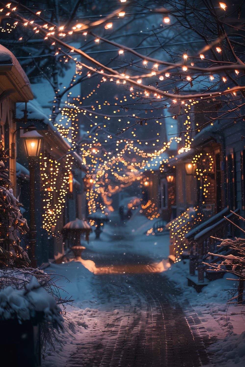 Nighttime winter scene of a snow-covered street illuminated by warm, glowing string lights. Trees and buildings are adorned with twinkling fairy lights, creating a festive and enchanting atmosphere. The street is lined with traditional lantern-style street lamps, casting a soft golden hue over the snow. The sky above is dark, with faint snowflakes gently falling, enhancing the magical ambiance.