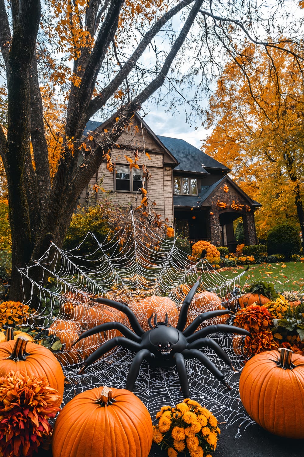 A Gothic-style house adorned for Halloween with autumn foliage and an elaborate Halloween display. A large, black inflatable spider is placed on a sizable spider web decoration in the front yard, surrounded by pumpkins and various autumn flowers including yellow chrysanthemums and reddish-orange mums.