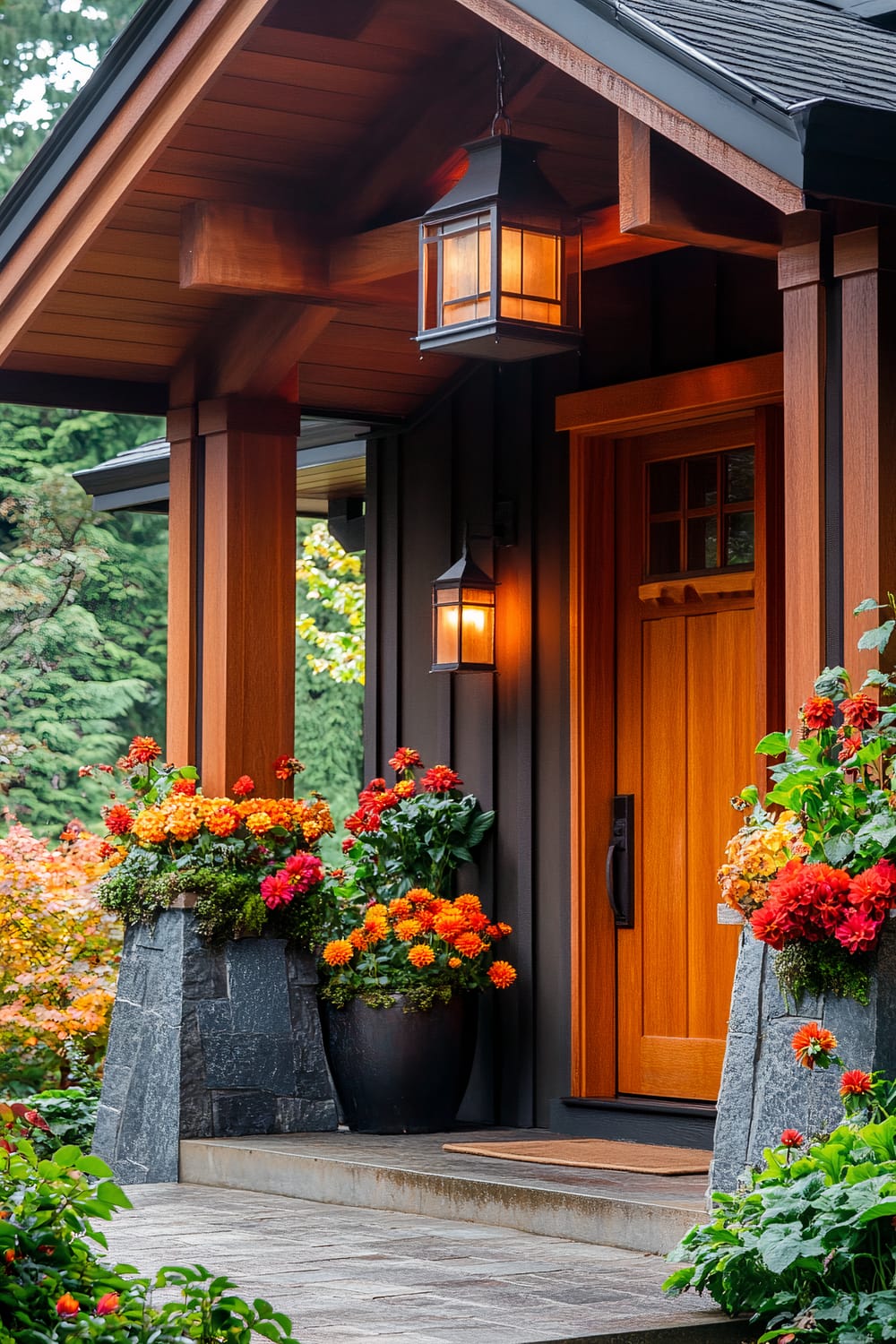 A front entrance with a wooden door surrounded by lush, colorful flower arrangements in stone planters. The overhanging roof and supporting beams are made of a natural wood finish, and illuminated lanterns hang near the door. The background includes a view of greenery and trees.