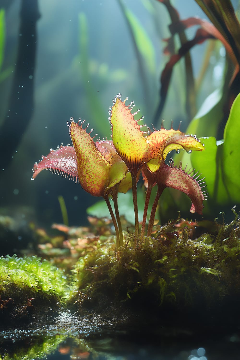 A vibrant Venus flytrap plant with red and green lobes thrives in a lush, underwater environment. The scene is filled with other aquatic plants and mosses, creating a rich, serene underwater habitat. Light filters through the water, illuminating the plant and its surroundings.