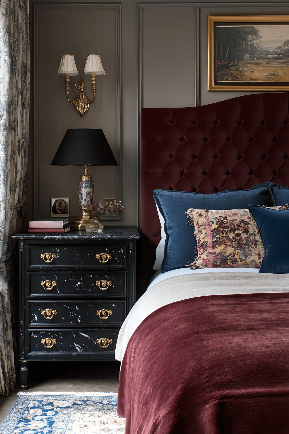 An elegant bedroom featuring a deep burgundy velvet upholstered headboard and cobalt blue metal bedside tables. A matte black marble dresser is present, alongside gold leafed brass lighting fixtures that project a warm glow. Large windows let in abundant natural light, highlighting an oxblood red vintage wooden accent piece.