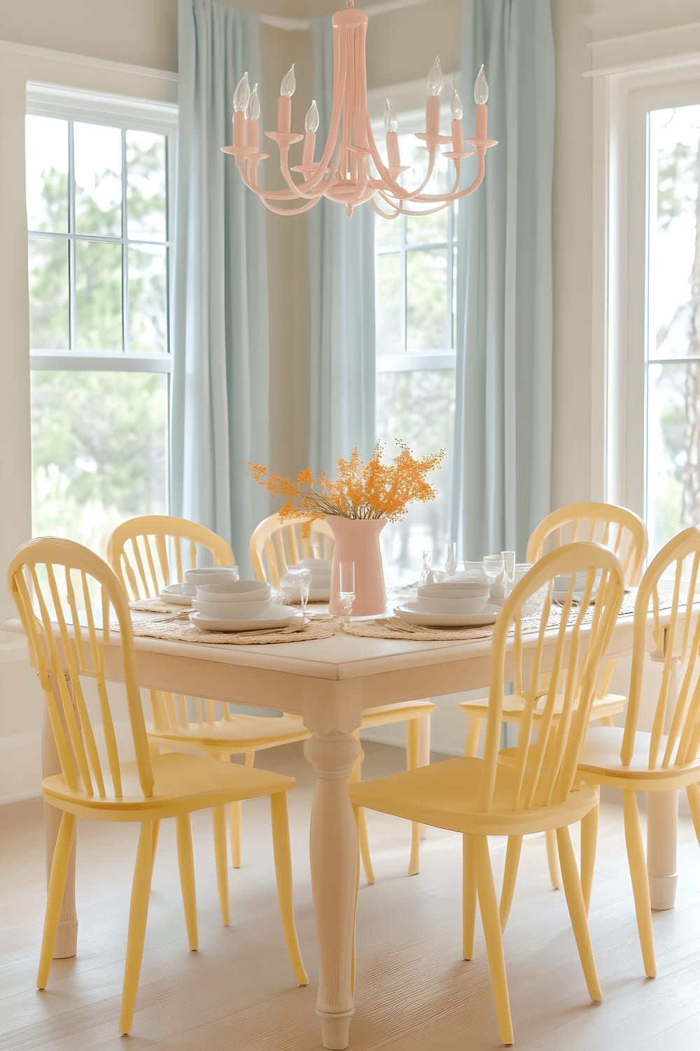 An elegant dining room with warm beige walls. A light wooden dining table surrounded by pastel yellow chairs sits centrally in the room, adorned with simple white ceramic dinnerware and a single vase holding soft coral flowers. A delicate pastel pink chandelier hangs overhead, and large windows with light blue curtains allow plenty of natural light into the room.