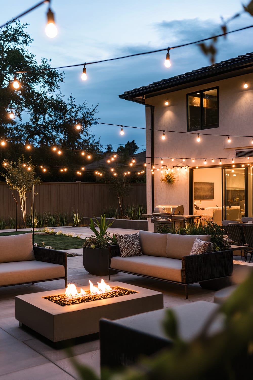 A charming evening patio scene features comfortable outdoor seating, a modern gas fire table, and string lights crisscrossing overhead. The patio furniture includes gray cushioned sofas with woven frames, positioned around the rectangular fire pit. The background fence is lined with neatly manicured plants. To the right, an outdoor grill setup is adjacent to a house with a sliding glass door that reveals an illuminated interior. The ambiance is warm and inviting, enhanced by the gentle glow of the hanging string lights.