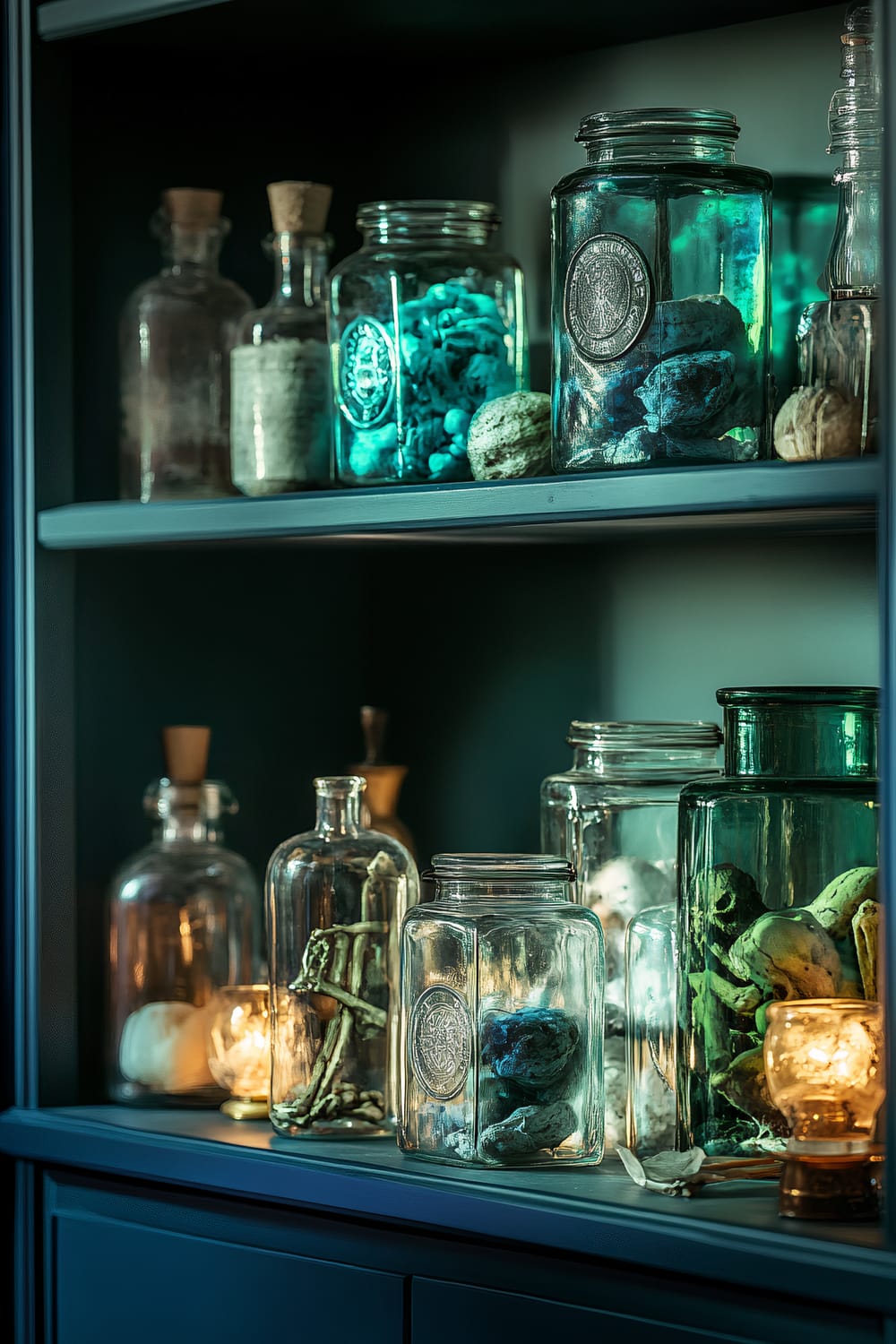 A closeup of a stylish zombie-themed apothecary shelf featuring various glass jars filled with preserved zombie-like specimens. Some jars contain bones, while others hold organic matter with an eerie green hue. Glowing potion bottles and antique medical tools are also present, all set against a subdued dark backdrop with subtle spotlighting.