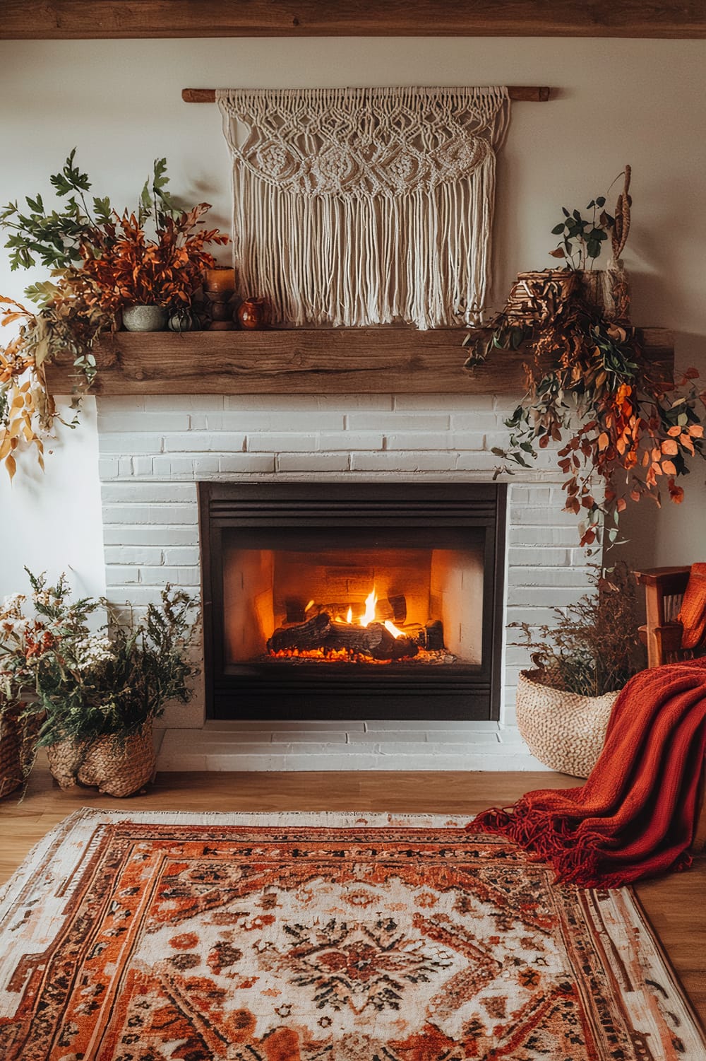 A warmly lit living room features a white brick fireplace with flickering flames. Above the mantle, there is a macramé wall hanging. The mantle itself is adorned with green and orange autumn leaves, ceramics, and candles. A rustic woven chair with a red blanket sits nearby, and a woven basket holding plants is placed on the floor along with an intricate, reddish-patterned rug extending across the hardwood floor.