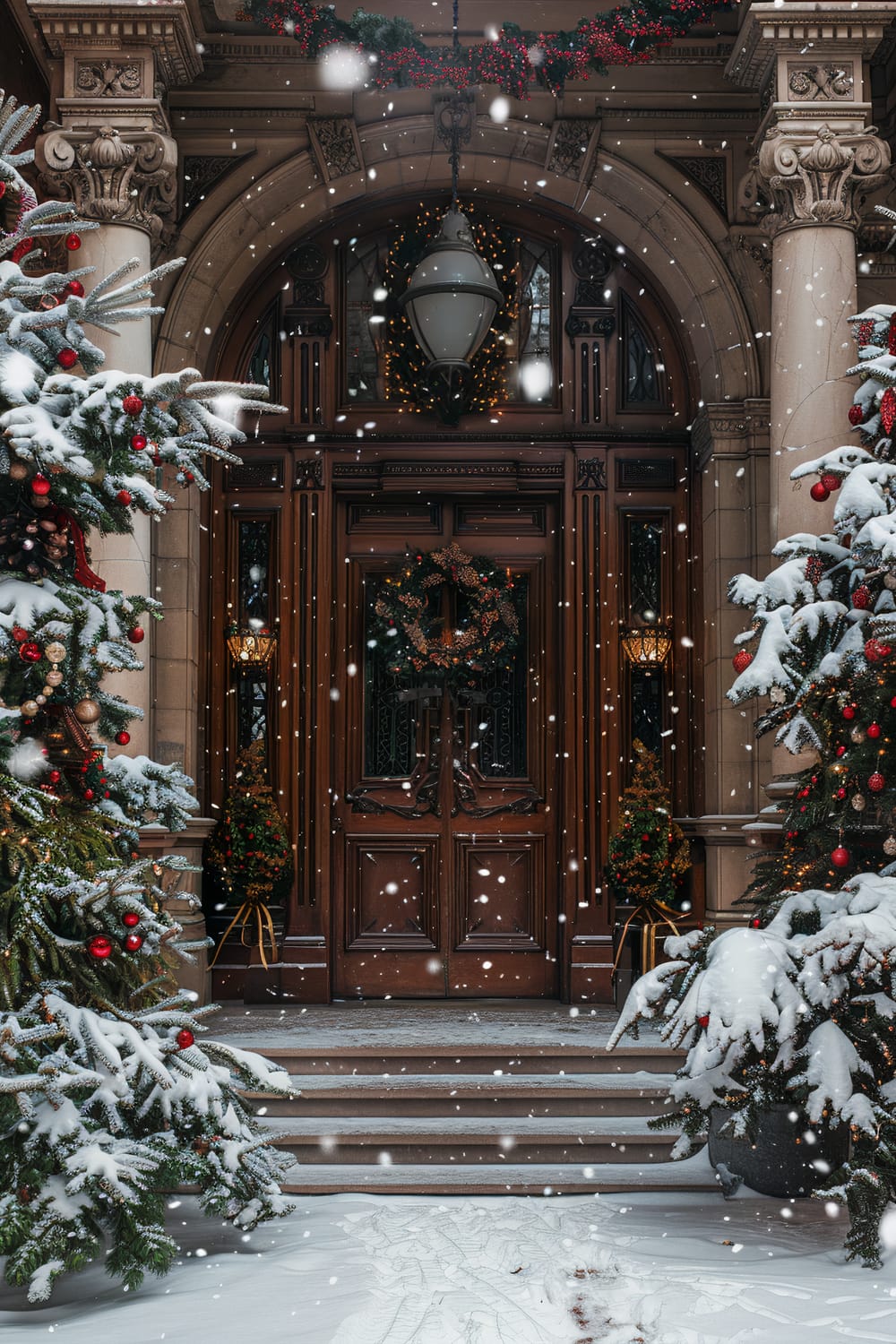 A grand entrance of a building adorned with festive Christmas decorations. The wooden double doors are framed by stone columns with intricate carvings, and a large lamp hangs above the doorway. Elegant wreaths decorated with red and gold ornaments and fairy lights are attached to the door and above it. Two large, snow-covered Christmas trees, filled with colorful ornaments, flank both sides of the entrance. Snow falls gently, blanketing the steps and trees, adding a serene winter charm to the scene.