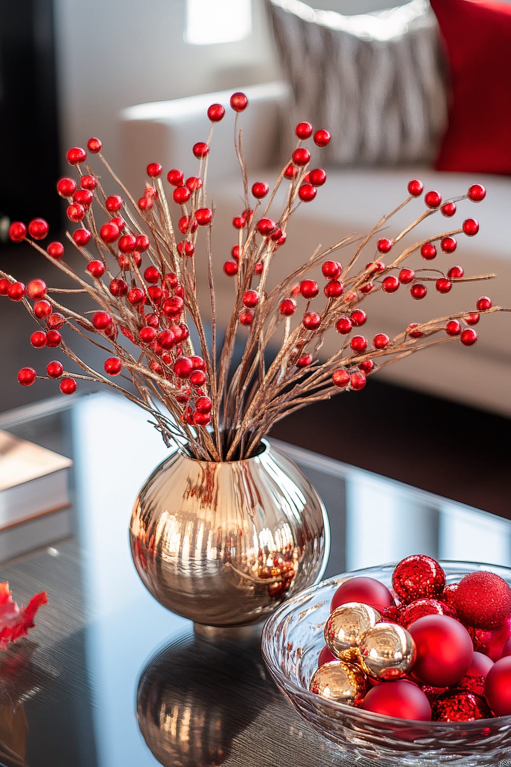 A close-up of a glass-top coffee table featuring a metallic gold vase with red berry branches and a glass bowl filled with red and gold decorative balls. The background includes a white couch with red and patterned throw pillows.