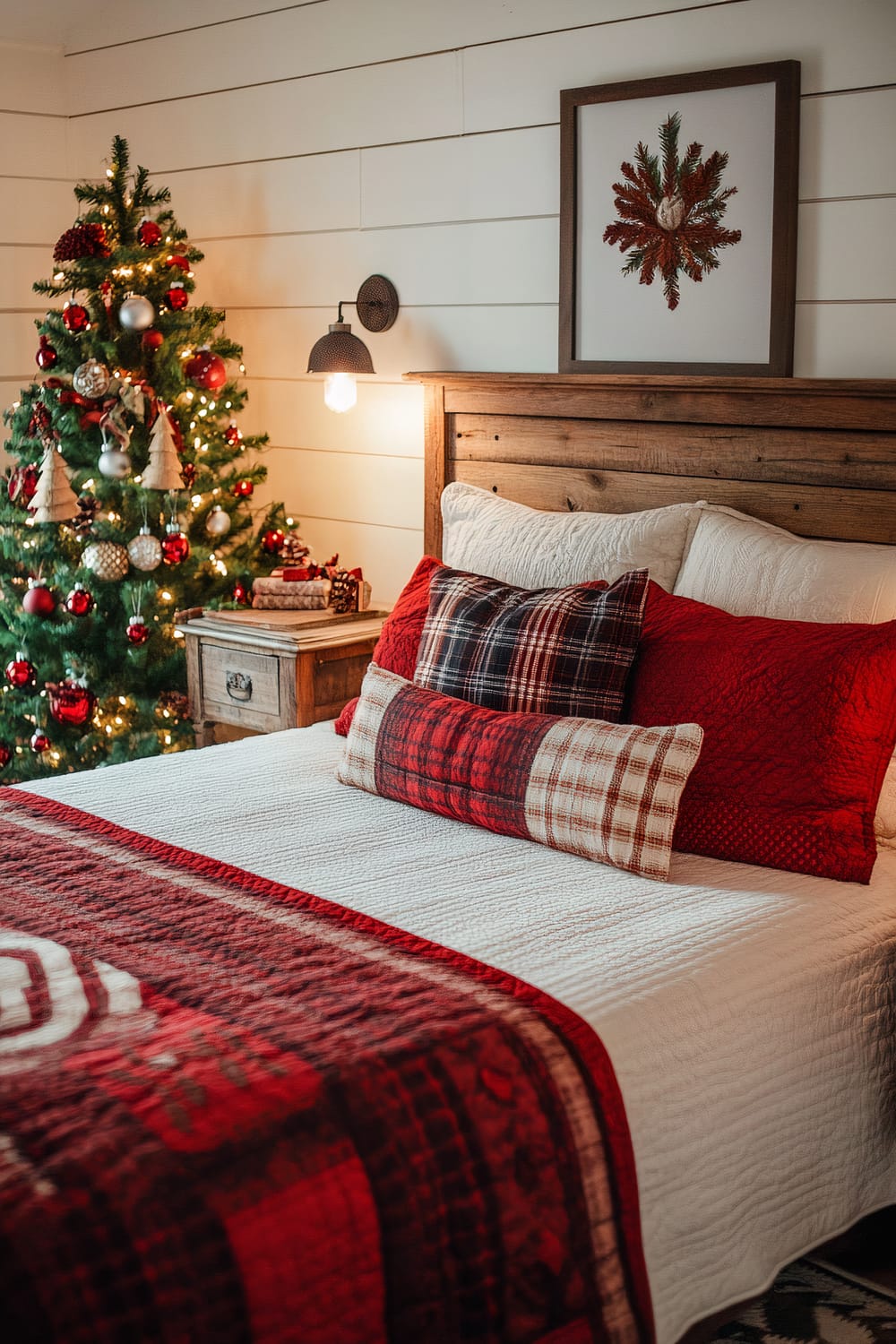 A traditional old farmhouse bedroom decorated for Christmas featuring a small vintage tree adorned with plaid and wooden ornaments. The bed is dressed in cozy quilted bedding in bold reds, with a mix of plaid and solid pillows. A rustic wooden nightstand sits beside the bed, topped with a stack of books and small holiday decor. Soft bedside lamp lighting creates a warm festive ambiance, and a framed Christmas artwork hangs above the headboard.