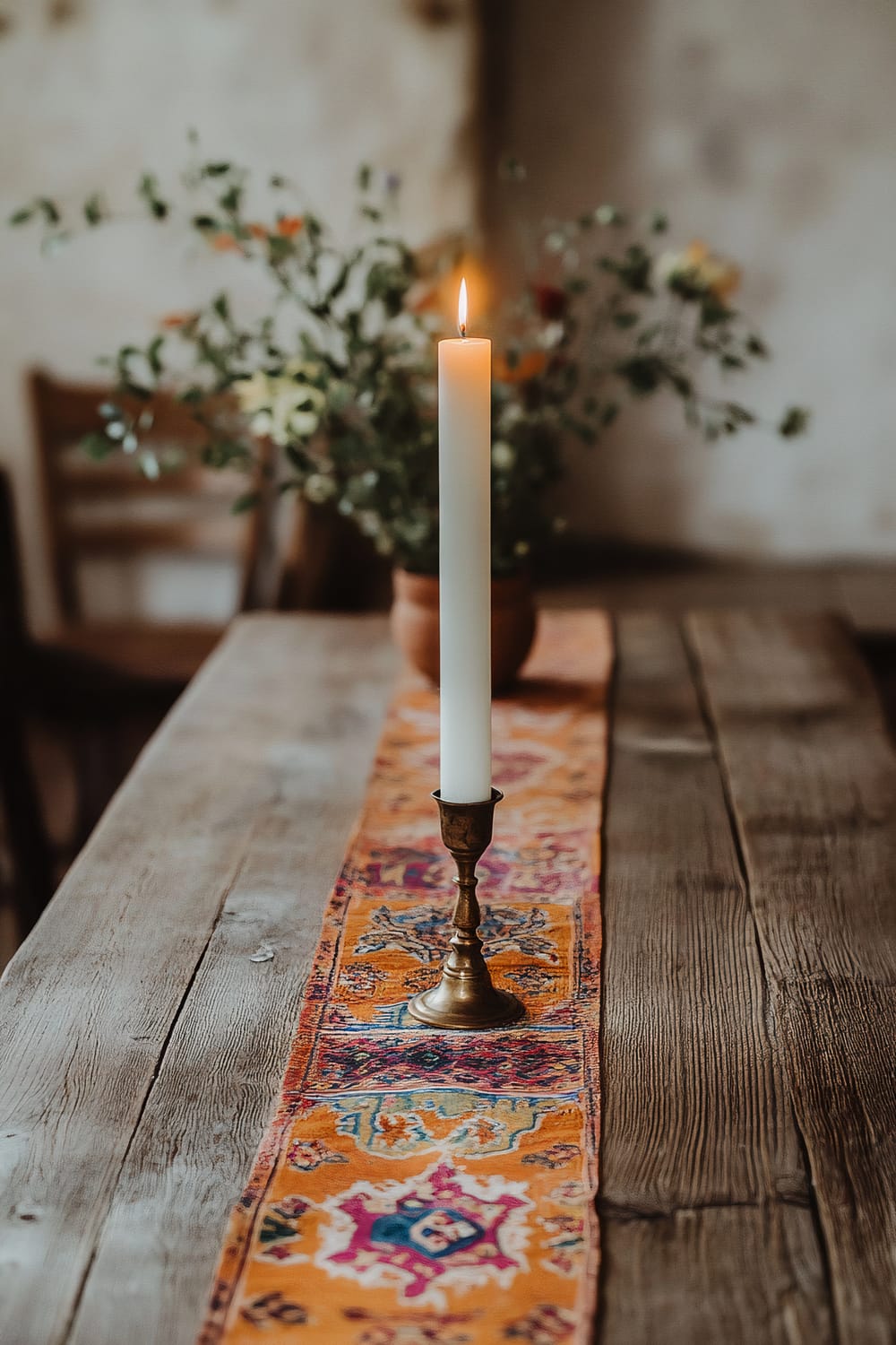 A minimalist wooden table with an patterned table runner and a solitary white candle in a brass holder as a centerpiece, with a blurred background of a rustic interior and a pot of flowers.