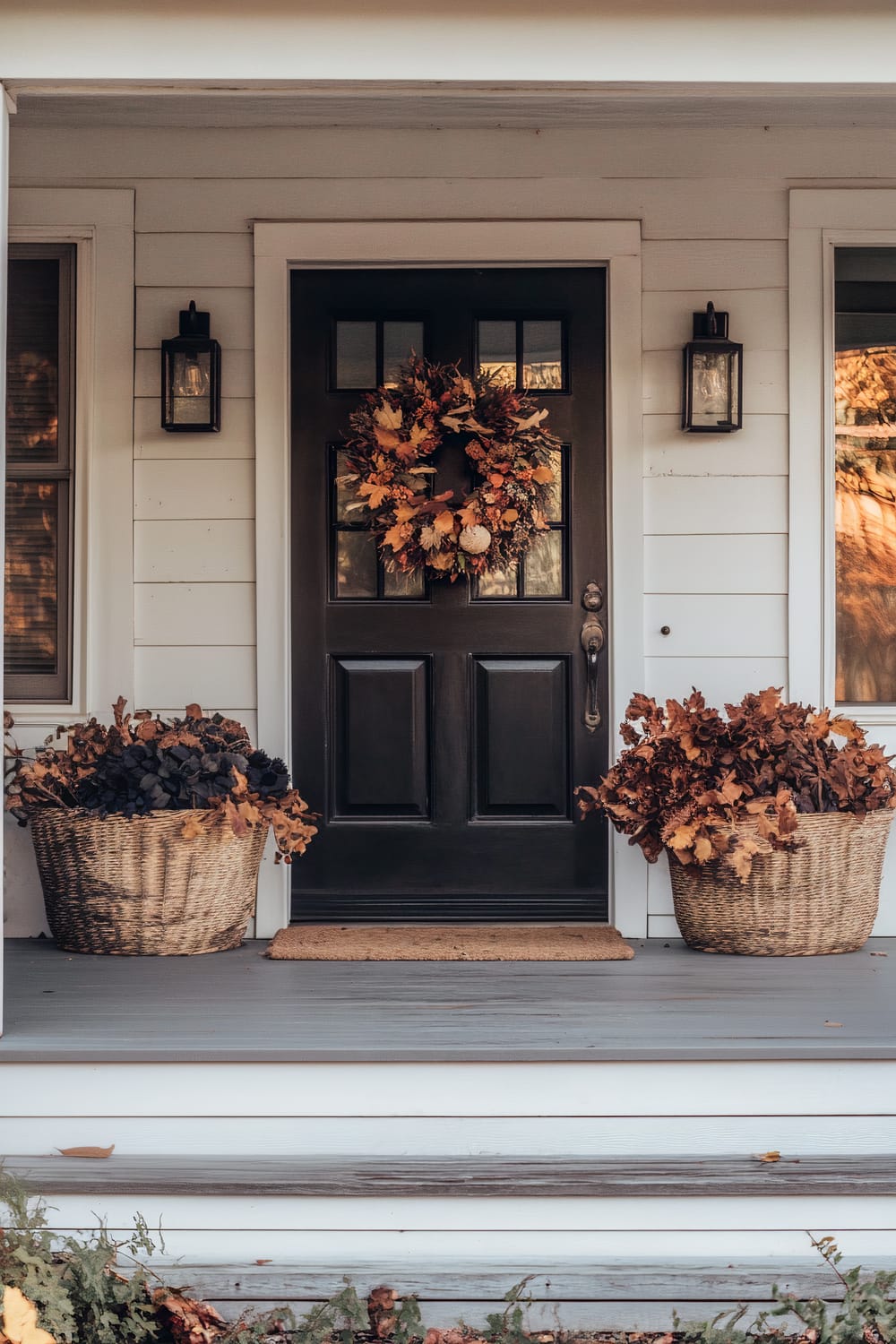 A front porch scene showcasing a black door decorated with an autumn wreath made of colorful leaves, pine cones, and small decorative items. On either side of the door are large wicker baskets filled with dry autumn foliage. The porch features white horizontal siding, and flanking the door are two black lanterns. A natural fiber doormat is placed in front of the door on a grey wooden porch.