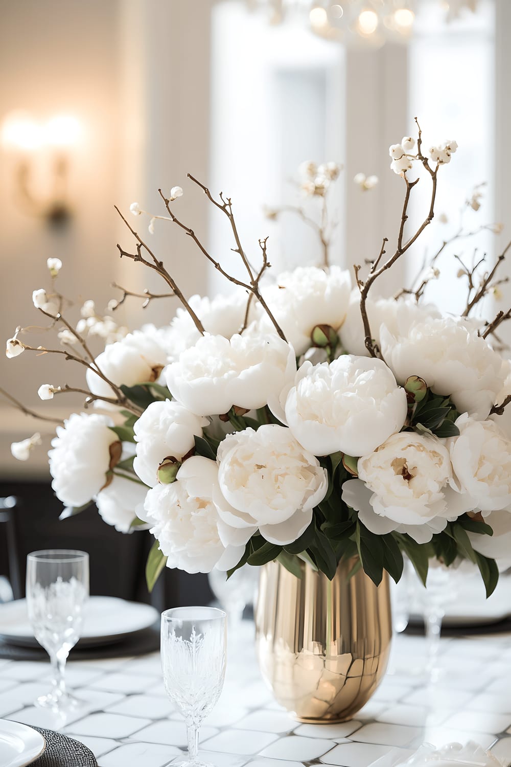 A Parisian-style dining room with an exquisite centerpiece of lush white peonies arranged in a slender gold-finished vase, accented with delicate gold branches. The scene has a classic white tablecloth, black and white tiled floor, and soft, warm lighting from an overhead chandelier. The setting is filled with dark wood chairs and vintage-inspired decor.