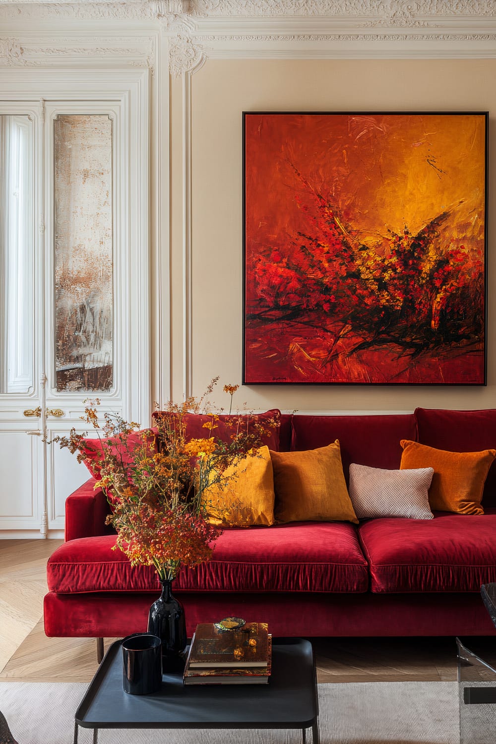 A living room featuring a deep red velvet sofa adorned with mustard yellow and cream pillows. On the wall above the sofa is a large, vibrant painting in shades of red and orange depicting abstract foliage. In front of the sofa is a black coffee table with a black vase holding dry branches and other decorative items. The room showcases ornate white molding on the walls and doors, with an aged mirror inset into the door beside the sofa.