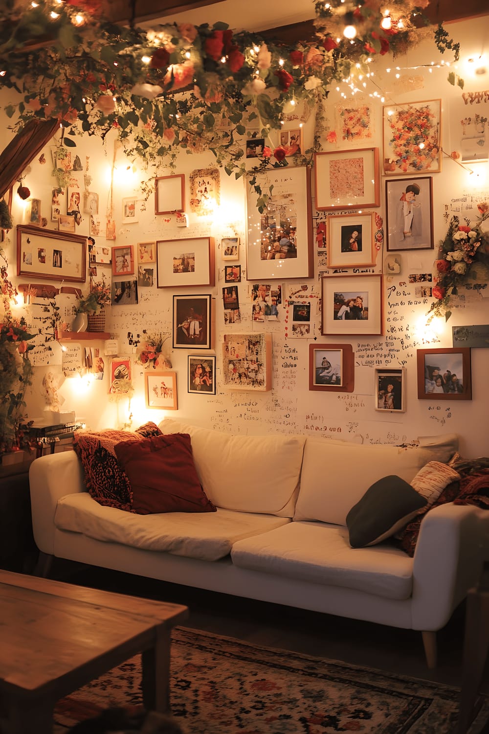 A memory-filled living room wall with a collection of Polaroid photos, handwritten notes, framed pictures, and decorative elements such as fairy lights and floral garlands. The wall exhibits a variety of cherished moments captured in the pictures. All the elements are beautifully highlighted by soft, ambient lighting.