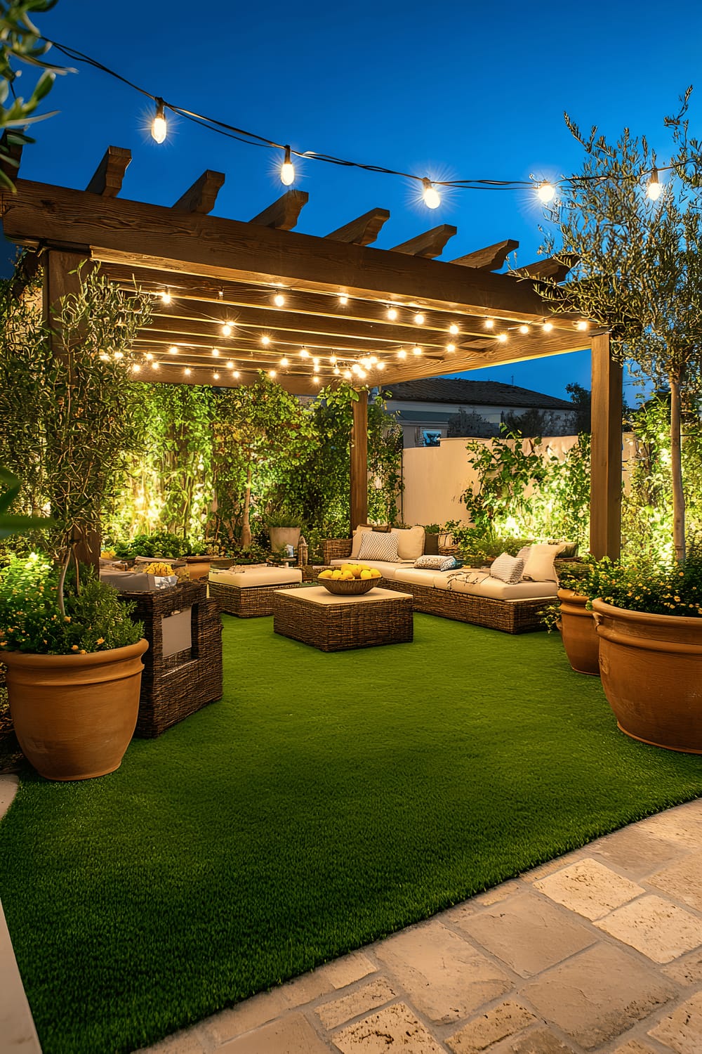 A spacious backyard featuring a realistic and green artificial lawn. The lawn is surrounded by large terracotta pots housing lush dwarf citrus trees. In the background, a sleek wooden pergola draped with sparkling string lights anchors the space creating a relaxed outdoor living area. The setup exudes a Mediterranean vibe.