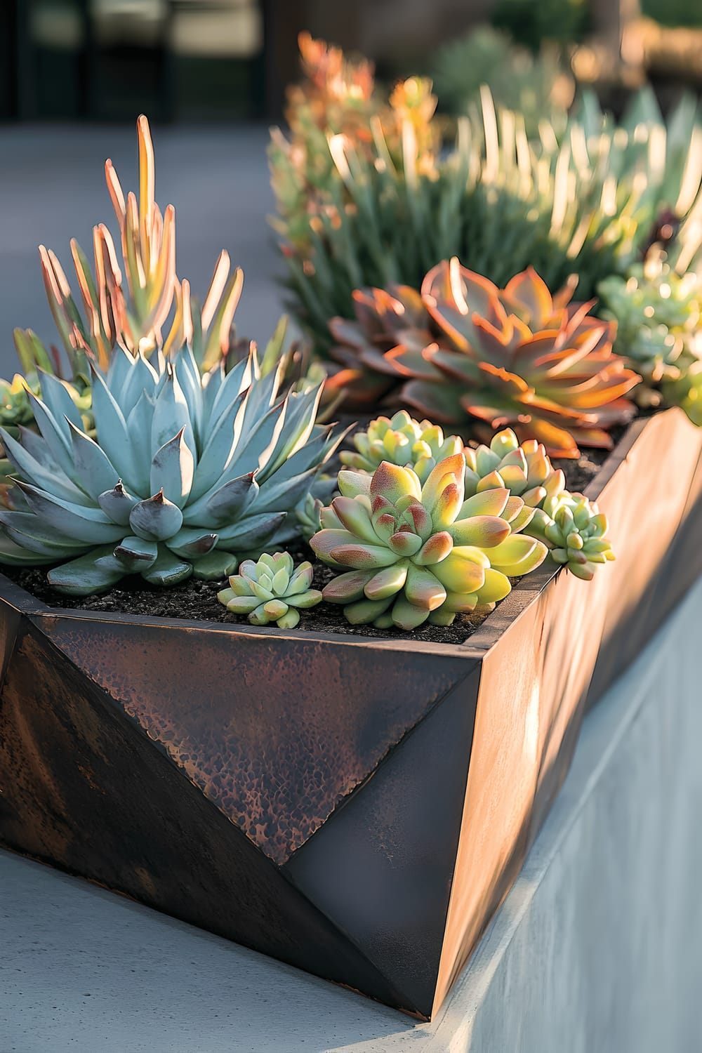 A modern garden setup consisting of various succulents meticulously arranged in geometric, metallic planters on a smooth, sleek concrete surface. The garden is bathed in bold, high-contrast lighting that brings out the unique shapes and vibrant colors of the succulents.