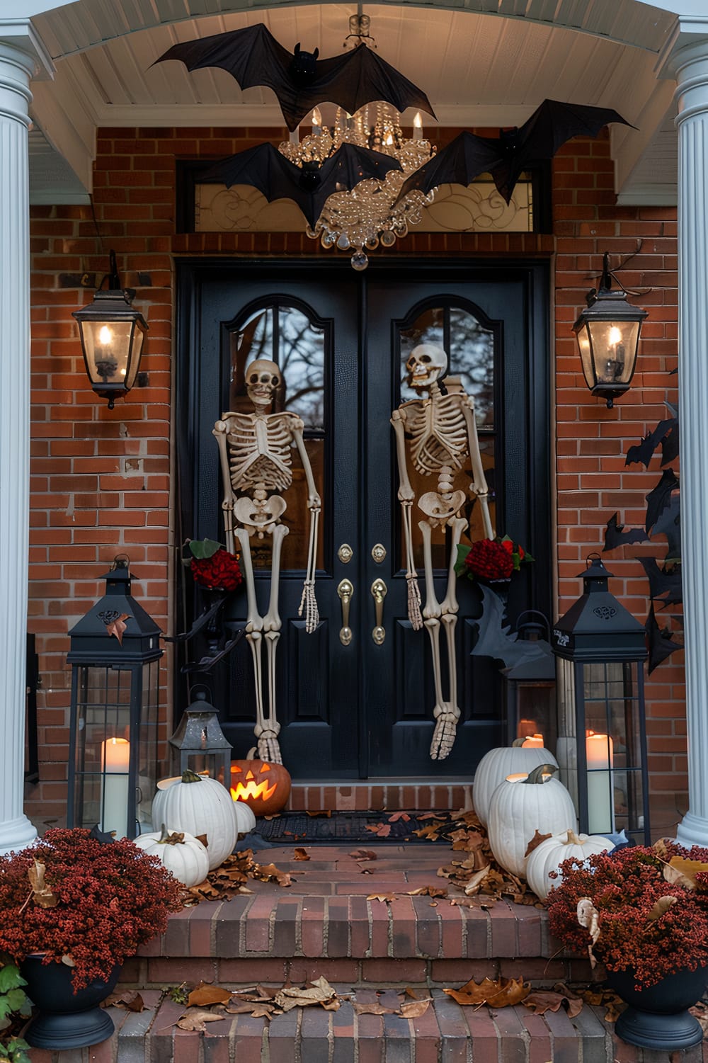 Brick porch decorated for Halloween with two skeletons hanging on black double doors. Above the doors, three black bats hang from a crystal chandelier. Two lanterns with candles are on either side of the steps, along with white, orange pumpkins, and fall foliage. Potted red chrysanthemums flank the stairs.