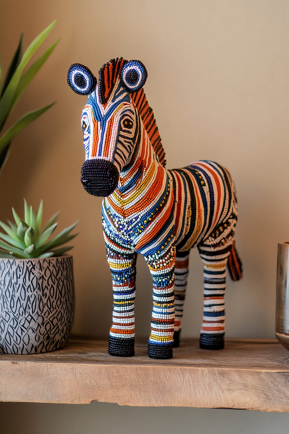 A beaded zebra figurine as the focal point, displayed on a reclaimed wood shelf against a muted sand-colored wall. The zebra, adorned with intricate and vibrant beadwork in various colors, stands tall. To the left of the zebra is a small potted plant with green succulent leaves in a decorative pot. To the right is a minimalist candle holder. Natural light enhances the bead patterns.