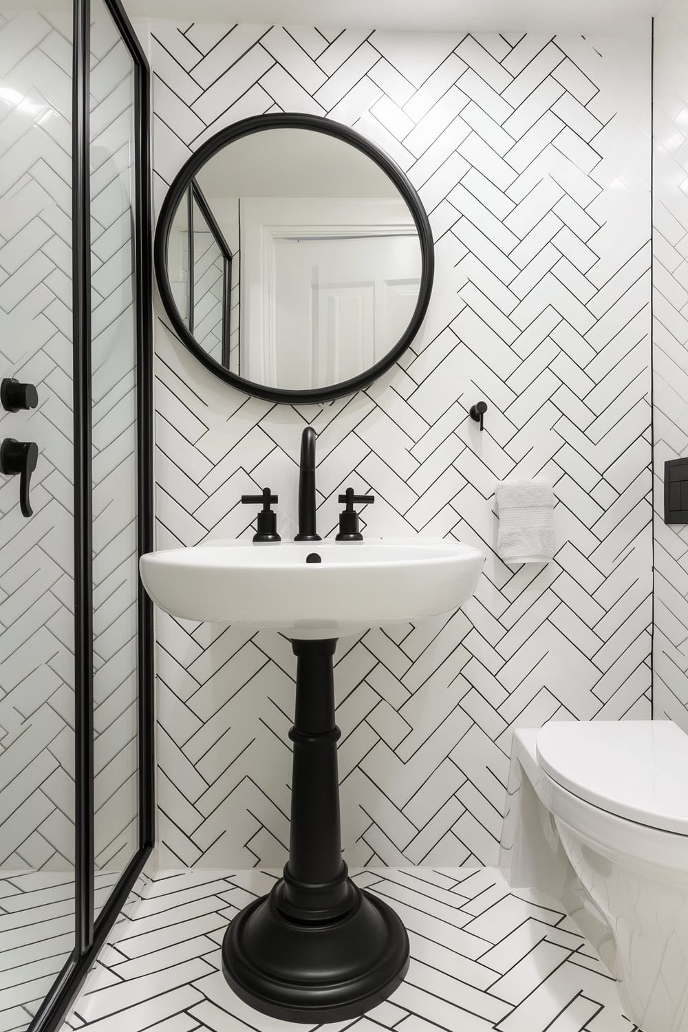 A modern bathroom featuring a white pedestal sink with a black base, black faucets, and a round black-framed mirror above it. The walls are adorned with a white herringbone tile pattern lined with black grout. A glass shower door with black framing is partially visible on the left. A white toilet is positioned to the right of the sink with a toilet paper holder mounted on the wall and a folded white towel hanging from it.