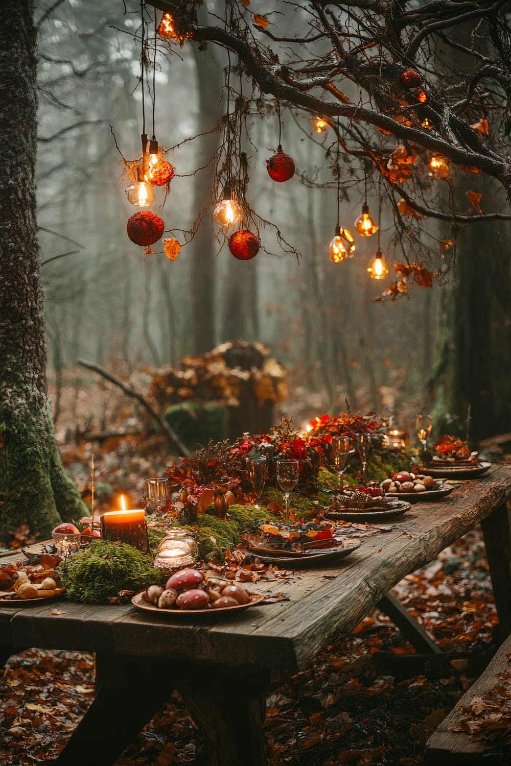 An enchanting outdoor dining setup in a misty forest. A rustic wooden table is laden with vibrant autumn foliage, moss, candles, and assorted dishes. Overhead, bare branches adorned with glowing lightbulbs and red ornaments create a magical ambiance.