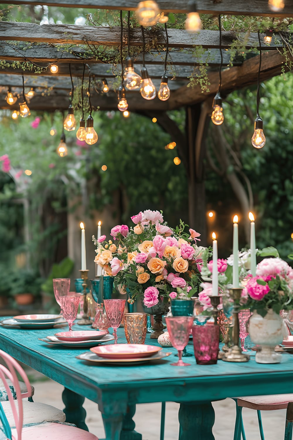 A captivating outdoor dining area on a patio with an overhead teal-colored canopy supported by metal poles. The setup includes a rustic wooden dining table decorated with apricot-colored dishes and deep blue glassware. The scene is further embellished with pink gold candlesticks and delightful teal flower arrangements that contrast beautifully. Overhead, decorative string lights add a soft luminosity to the space, enhancing the bold, contrasting colors.