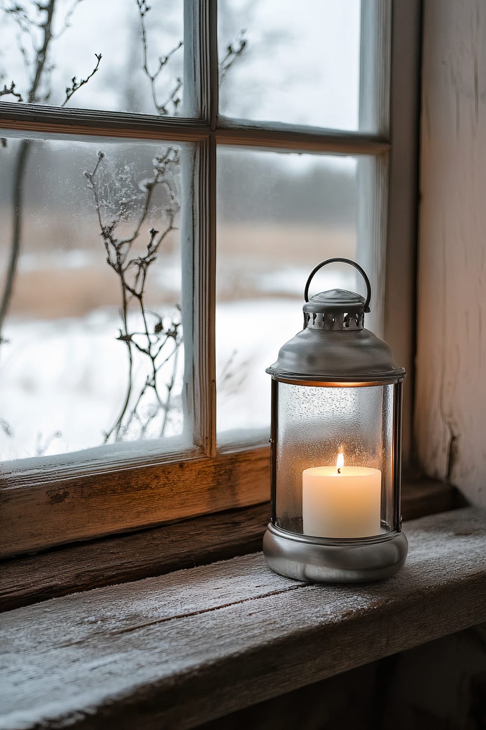 A metal lantern containing a lit candle is placed on a frosty wooden windowsill, with a snowy landscape outside. The window panes have a slight frosting, and branches with minimal leaves are visible through the window.