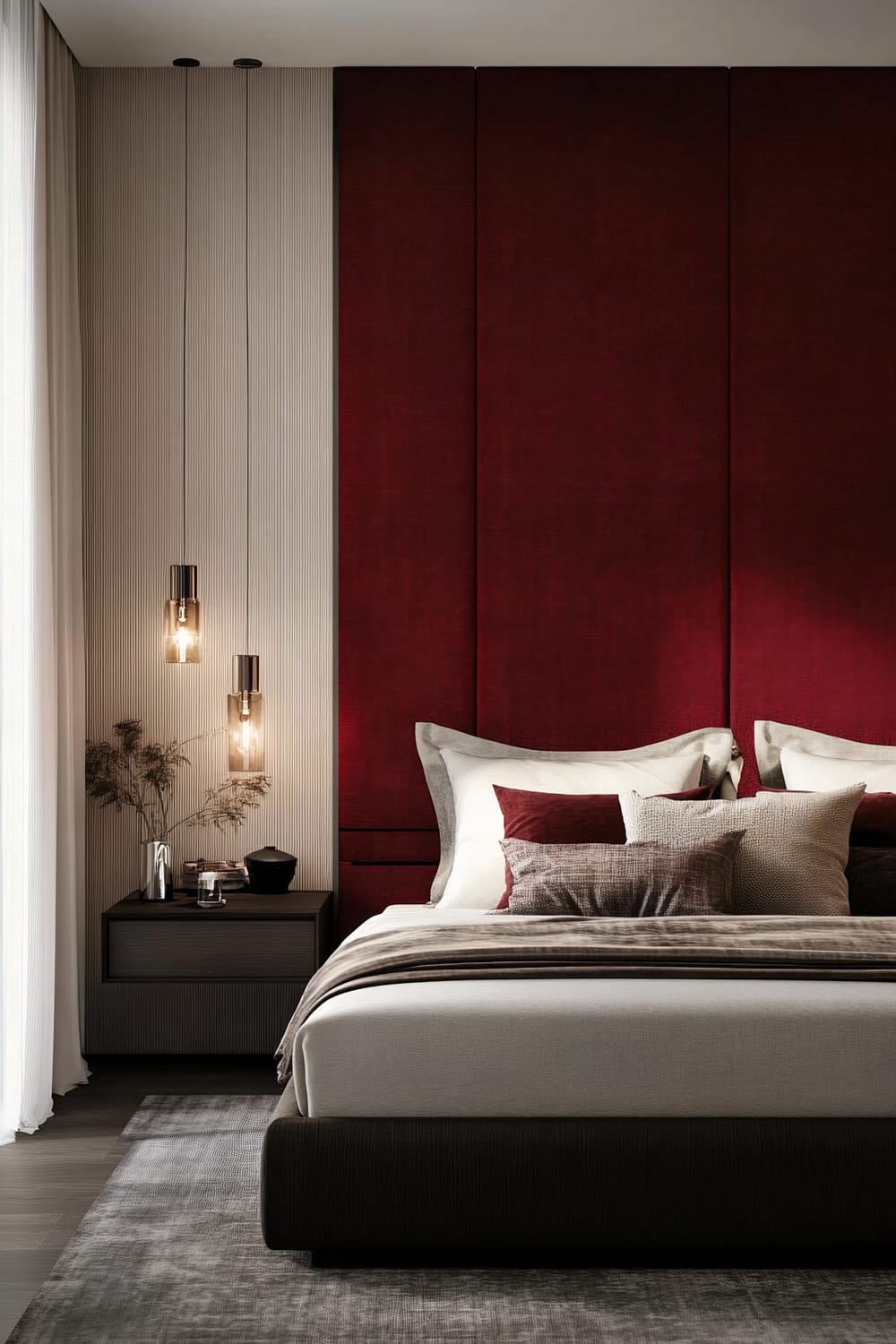 A modern bedroom featuring a large bed with a padded headboard covered in deep red upholstery. The bed is adorned with white, grey, and burgundy pillows, complemented by a beige blanket and dark brown bed frame. On one side of the bed is a sleek, dark nightstand with minimalist decor, including a vase with dried branches. Above the nightstand, two contemporary pendant lights with warm bulbs hang, casting a soft glow. The wall behind the bed combines vertical textured panels with the central red upholstered sections, while the floor is covered in a muted grey patterned rug.