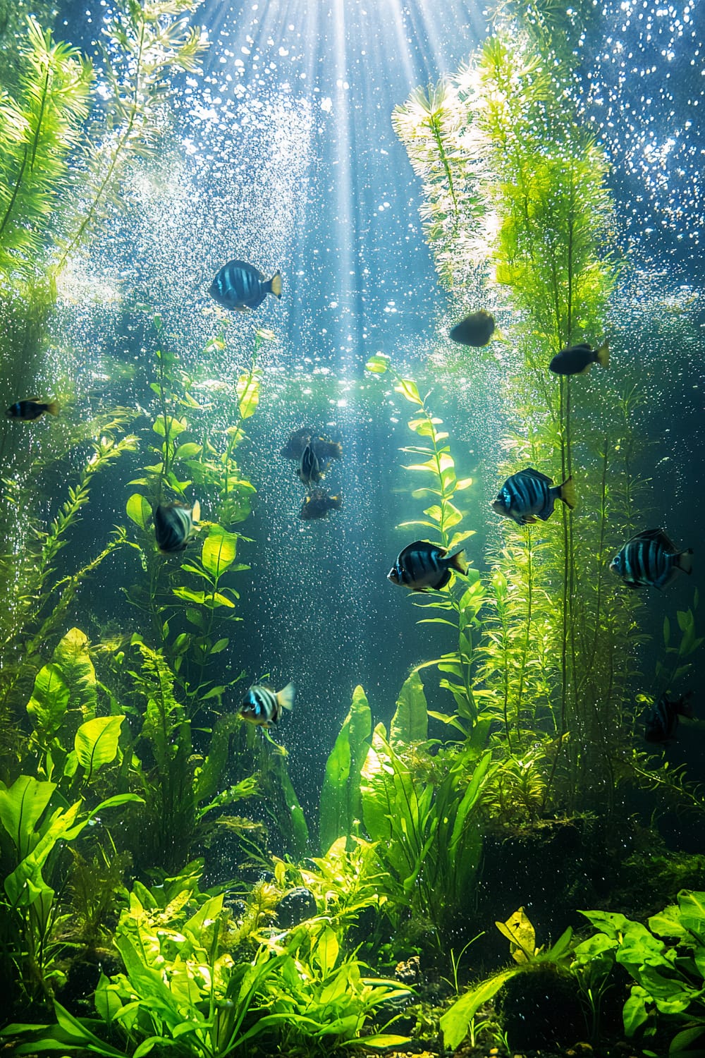 A large transparent aquarium with an Amazon River setup, featuring various aquatic plants such as sword plants and floating ferns. Several angelfish swim gracefully with trails of bubbles emanating from their gills. Sun-like lighting creates a realistic daytime effect inside the tank, highlighting the angelfish's natural behavior and the lush greenery. The image has a vertical 2:3 aspect ratio.