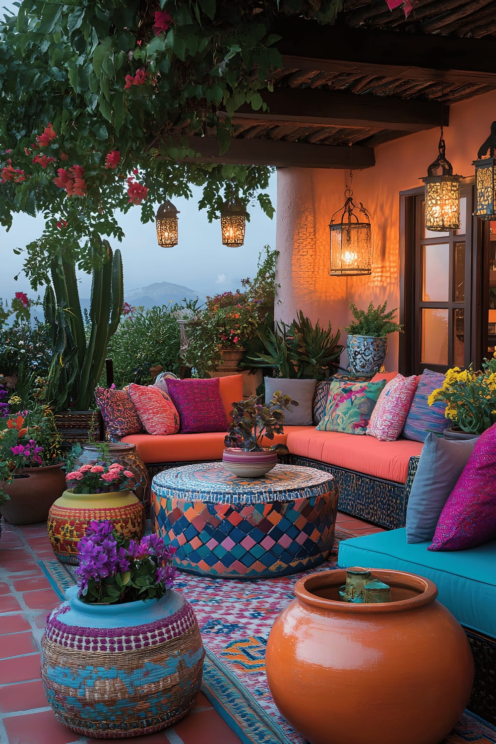 A folksy patio at dusk, adorned with a hand-painted mosaic table, an array of vibrantly colored pottery planters, woven jute baskets, and a textured outdoor rug. Plush cushions with vivid hues rest on complementary low-rise seating, and warm lantern lights lend an inviting glow to the entire setting, all under a clear, twilight sky.