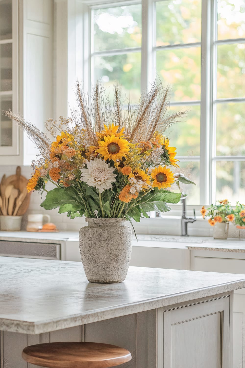 A sunlit kitchen with a large bouquet of fresh sunflowers in a rustic stone vase centered on a light-colored marble countertop. Behind the countertop, large windows allow natural daylight to stream in, illuminating the room. The shadows of leaves and trees outside are visible through the glass. Wooden cooking utensils are stored in a vase, and potted plants in the background add to the natural, inviting atmosphere.