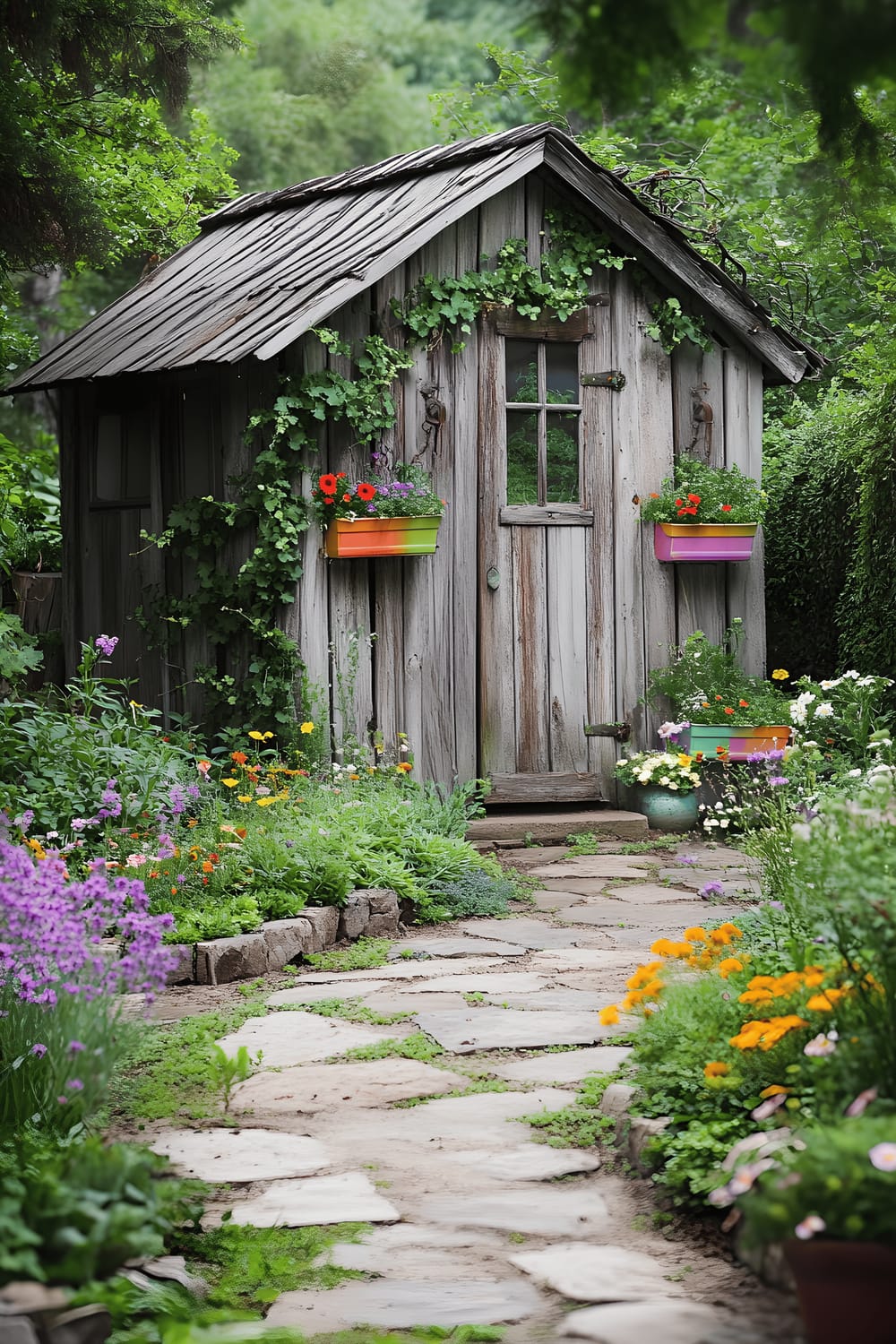 A beautiful image capturing a rustic, weathered wooden shed nestled amidst nature. The shed is complemented with climbing ivy and vibrant flowers housed in quaint boxes on the exterior. This charming scene is positioned adjacent to a meandering stone pathway bordered by an array of wildflowers and fragrant herbs. The setting is bathed in the soft early morning light, conferring a tranquil dew-kissed atmosphere.