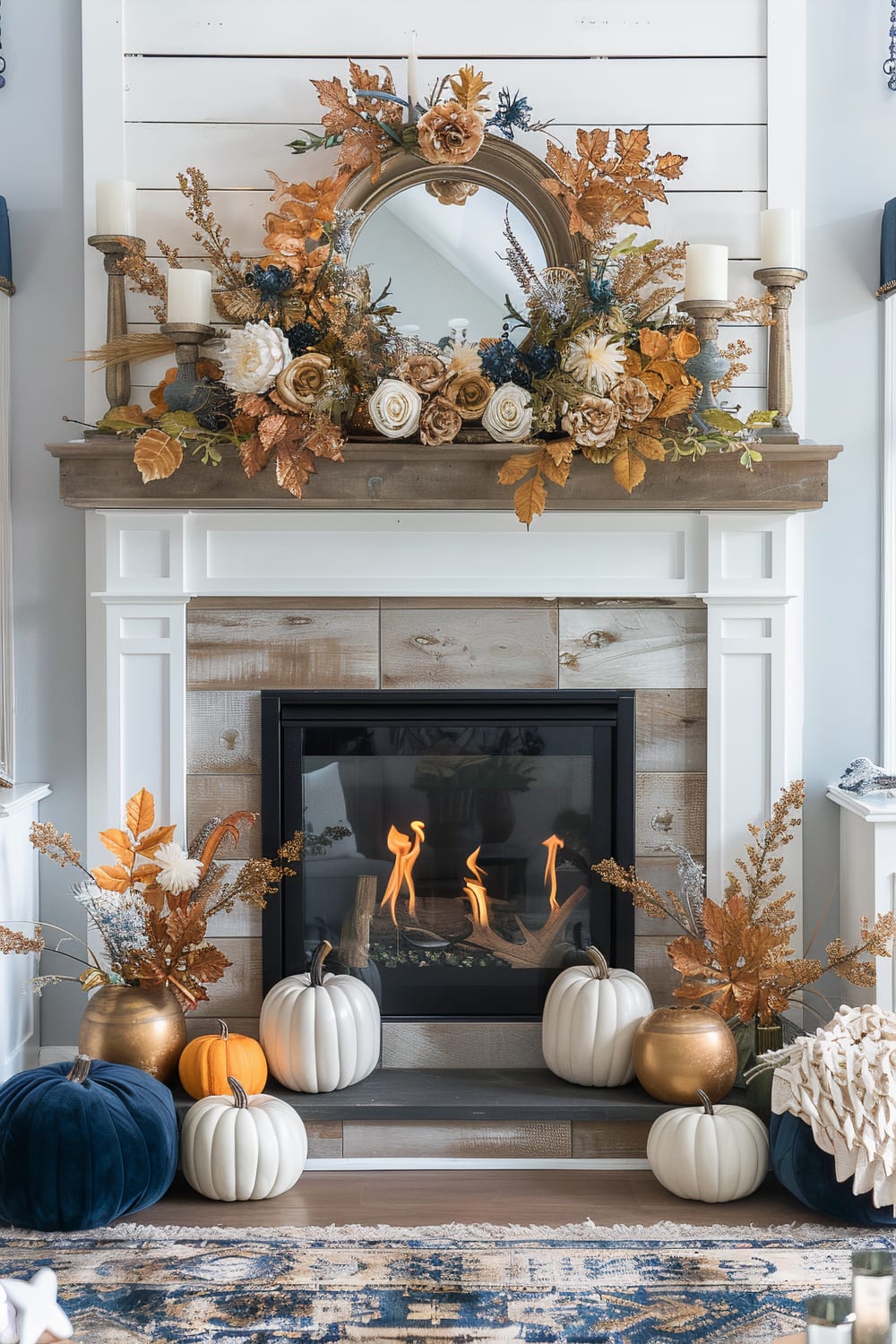 An elegantly decorated living room fireplace exudes autumn vibes. The mantel is adorned with a decorative mirror, candles, and a stunning arrangement of fall-colored leaves, flowers, and other foliage. Below, various pumpkins, including white, orange, and plush velvet navy, surround the base of the fireplace. A soft, patterned rug adds warmth and complements the wooden and white-painted elements of the fireplace.