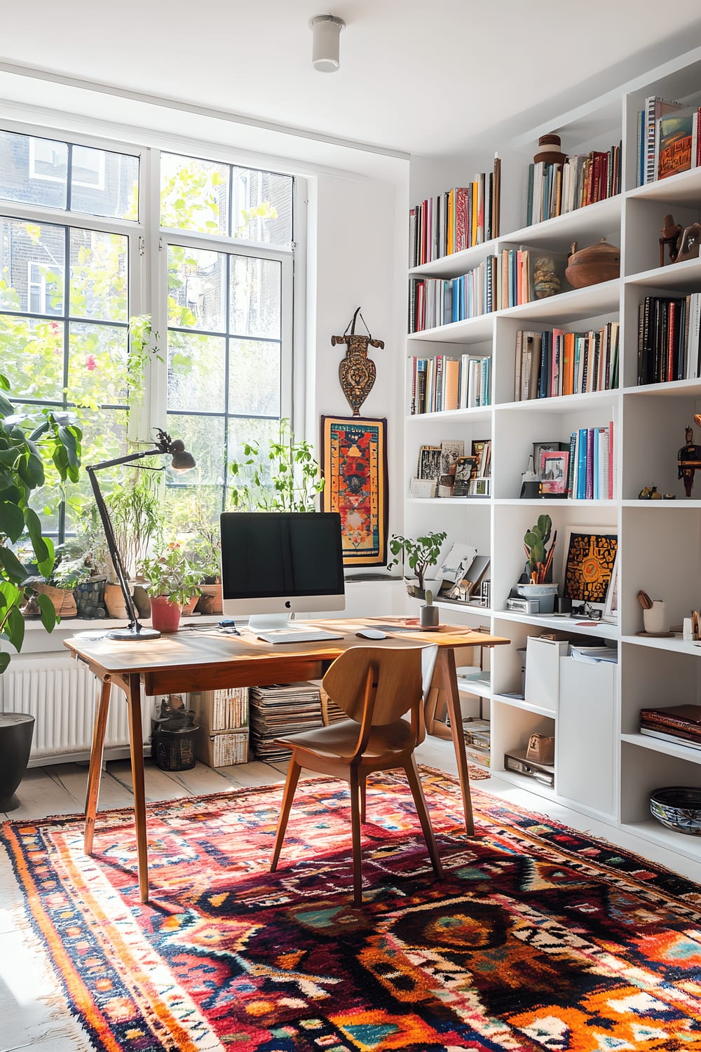 A well-lit studio apartment with a combination of modern and vintage furnishings. The focal points are a vintage wooden desk, modern white shelving filled with decorative items and books, and colorful Moroccan rugs on the wooden floor. A geometric floor lamp adds a contemporary touch. A large window on the backdrop allows ample natural light in.