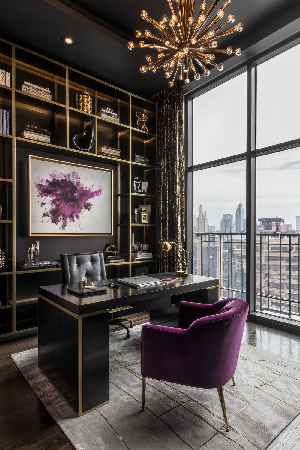 A sophisticated office space with large floor-to-ceiling windows offering a metropolitan city view. The room features a dark wood desk with gold trims, an elegant black tufted chair, and a plush purple armchair. A modern chandelier with sputnik design hangs from the ceiling, casting warm light. In the background, a built-in bookshelf with a dark finish and gold trim holds books, decor items, and a large abstract painting with purple hues. A beige rug with gold accents lies on the dark wooden floor.