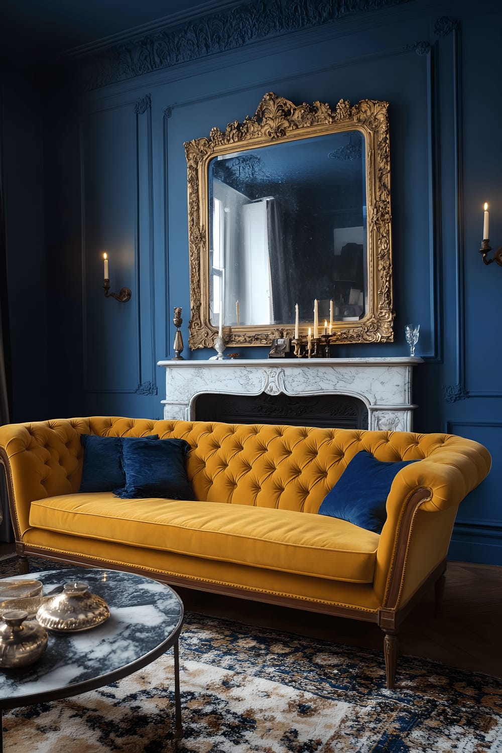 The image is of a Parisian-inspired living room, clearly marked with deep sapphire-blue walls. In the center of the room there's a vintage tufted mustard-yellow sofa, with a distressed Persian rug underneath. A large gilded mirror is hung above a marble fireplace, and the room is softly lit by the warm candlelight, creating an intimate and nostalgic atmosphere.