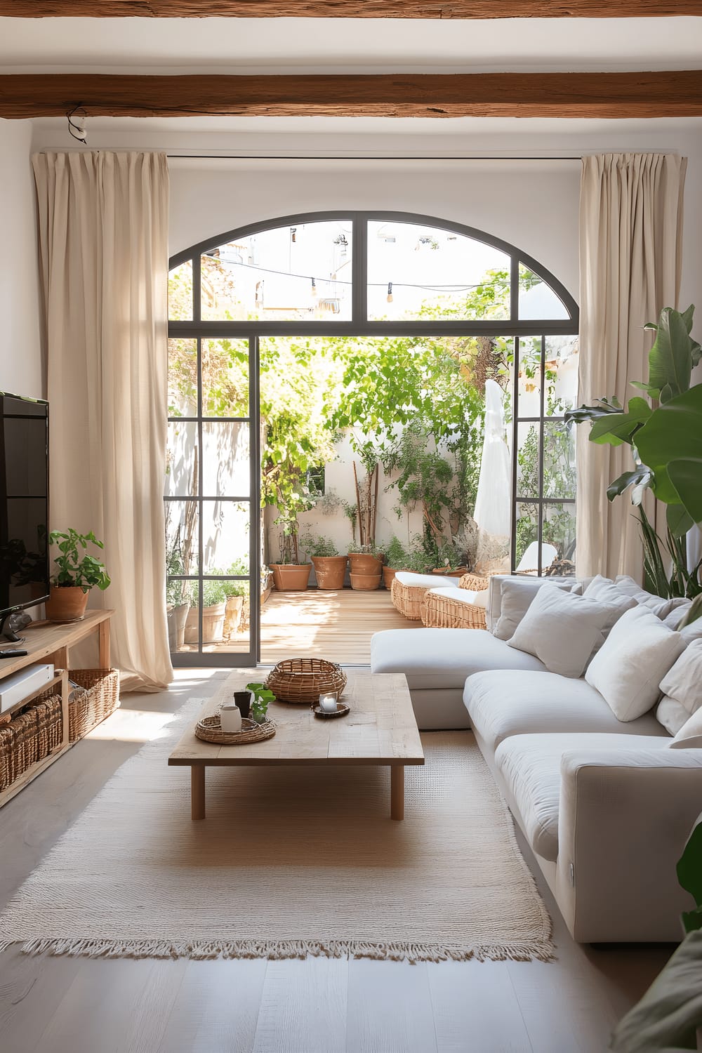 A panoramic view of a brightly lit living room transitioning to an outdoor terrace through large sliding glass doors. The room features a light gray sectional sofa, a wooden coffee table, a minimalistic media unit with tile inlays mirroring a Catalan motif. The space is adorned with potted plants, woven baskets, and airy curtains depicting traditional Catalan patterns. Outside, the terrace is decked with wooden flooring, an outdoor seating area, festoon lighting, and is surrounded by lush greenery.