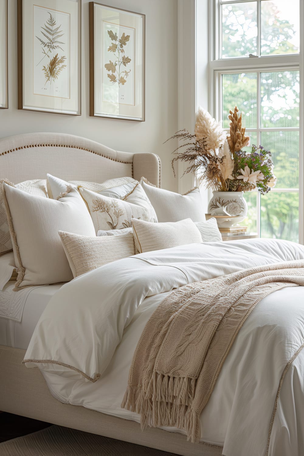 An elegantly styled bedroom features a plush, upholstered bed adorned with several cream and beige accent pillows and a knitted throw blanket. The bed is placed next to a large window, allowing natural light to flood the room. Above the bed, three botanical prints in simple frames add a touch of nature. A vase with a tasteful arrangement of dried and fresh flowers sits on a bedside table, complementing the room's neutral and earthy tones.