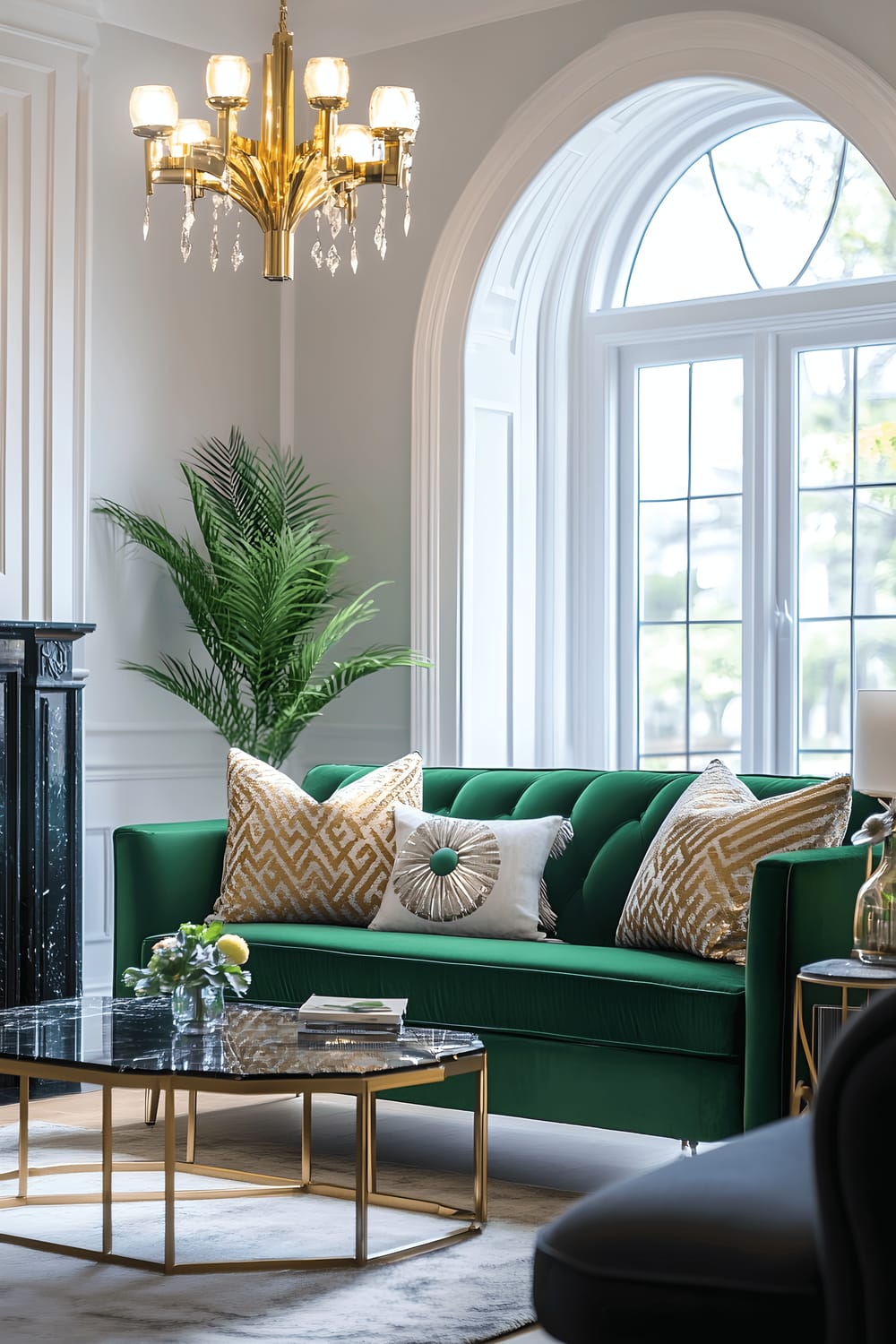 A small, chic living room inspired by Art Deco. The room features an emerald green sofa accented with gold geometric cushions. There is a shiny mirrored coffee table in the middle of the room, which contrasts with the black marble side tables that flank the sofa. The side tables are bedecked with gold accents. Above the sofa, there is a striking gold chandelier. Around the room are arched windows that allow light to filter in, illuminating the spaces, highlighting the rich color palette of the room and emphasizing the elegance of the lines and shapes within.